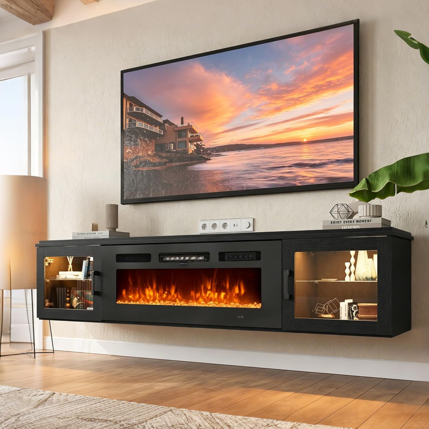 Nordivale 80" Floating TV Stand with 36" Electric Fireplace, Wall Mounted Fireplace Entertainment Center with Storage for TVs Up to 90",Fireplace TV Stand for Living Room，Brown&Black