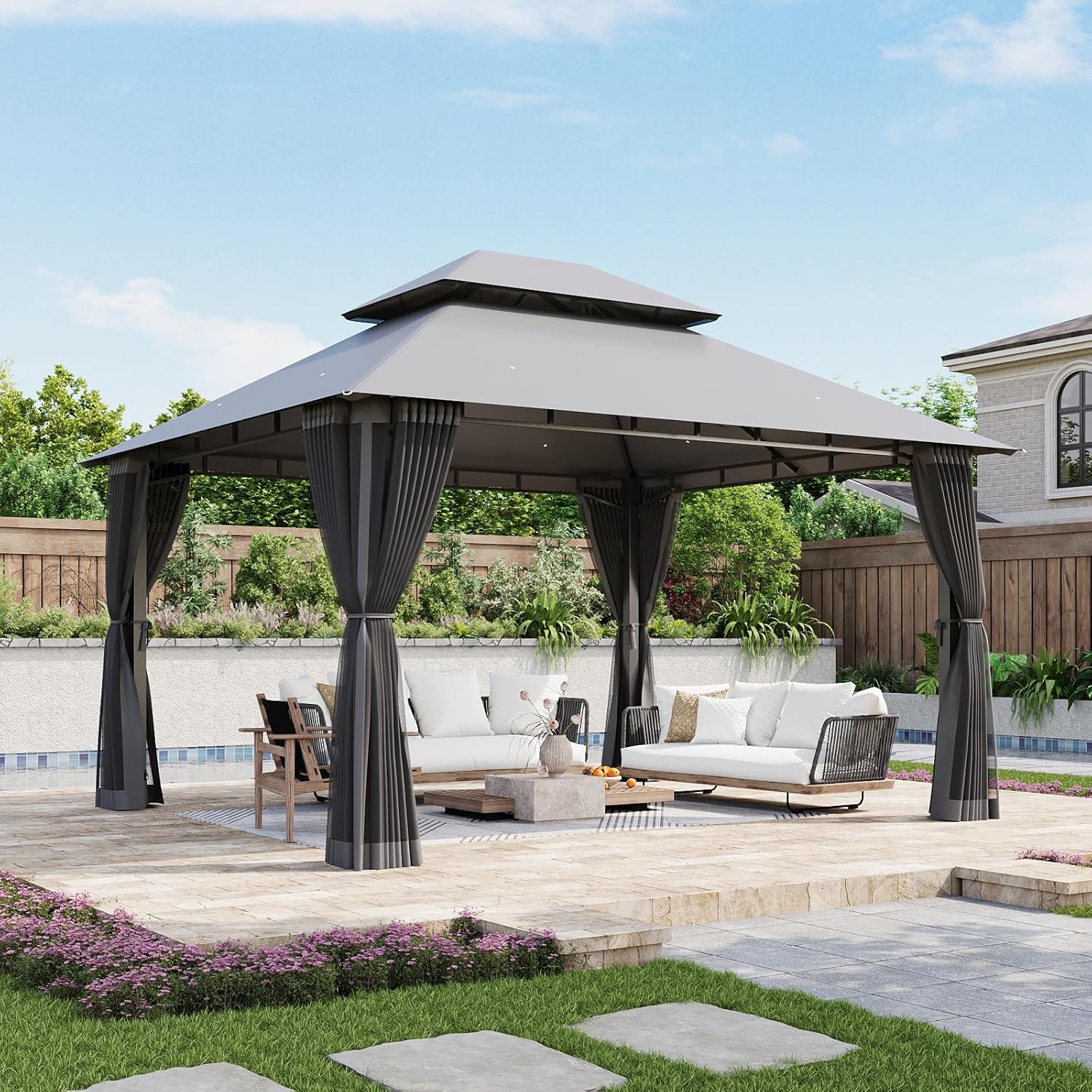 Aoxun 12x10 Outdoor Gazebo for Patio, Metal Frame Canopy Gazebo with Double Roofs, Heavy Duty Backyard Gazebo with Mosquito Netting, Patio Shelter for Garden Lawn Deck (Gray)
