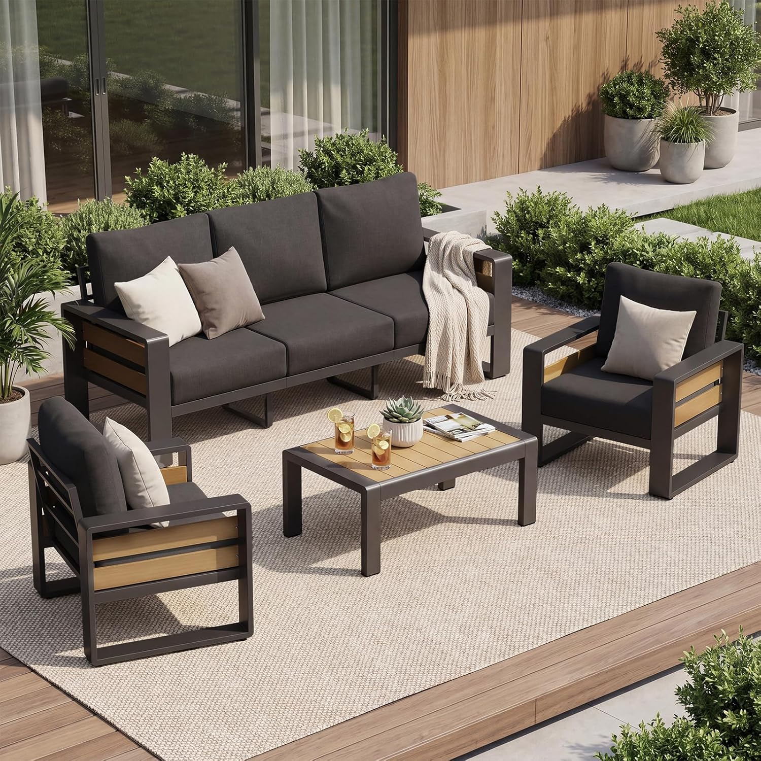 LET'S PATIO Aluminum Patio Furniture Set 7 Seats, Oversized Outdoor Sectional with 5.5" Washable Thick Cushions, Patio Conversation Sets with Coffee Table for Backyard
