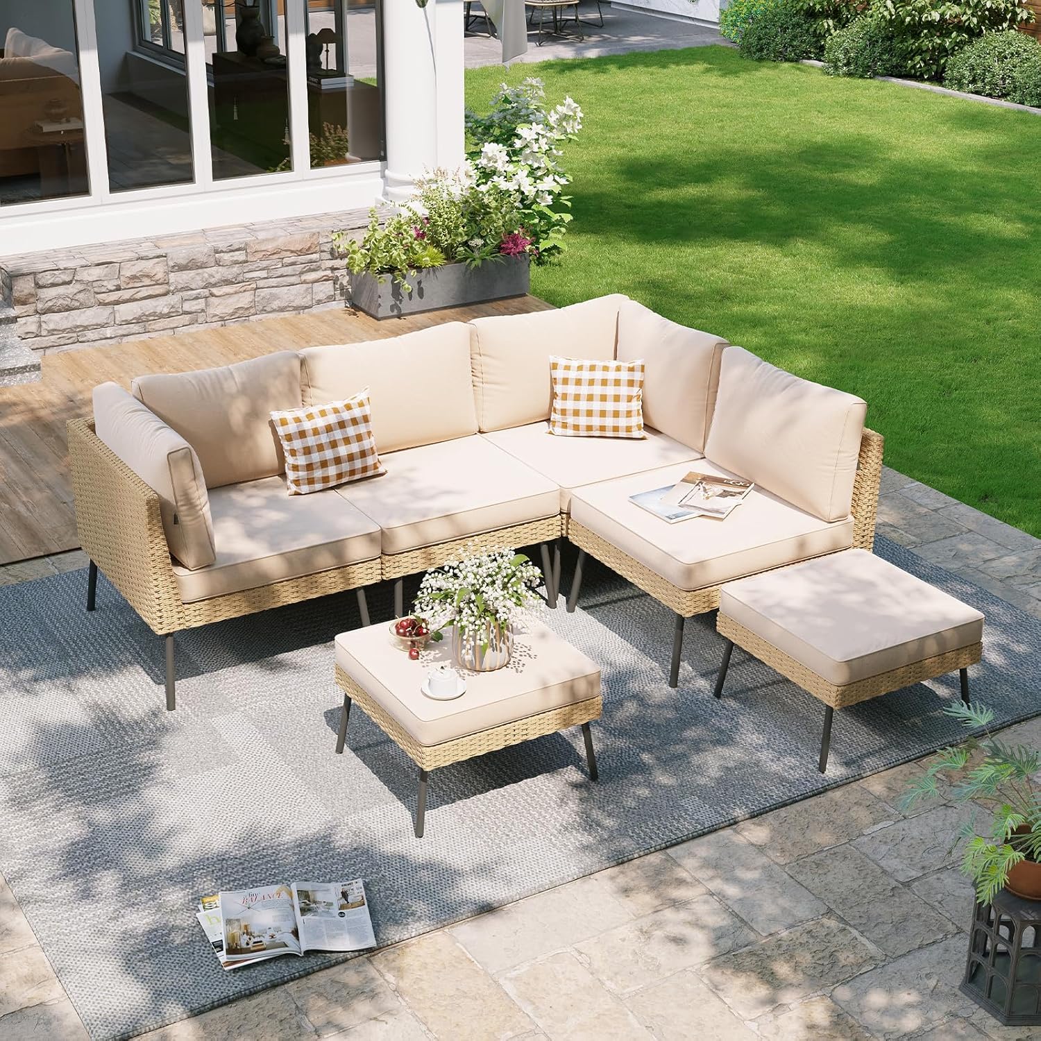 Aoxun 7-Piece Patio Furniture Set, Wicker Outdoor Furniture with Water Resistant Thick Cushions, Patio Conversation Set Outdoor Sectional Sofa with Coffee Table for Backyard Poolside