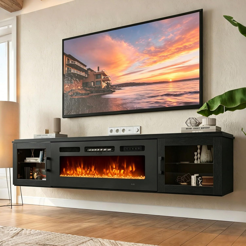 Nordivale 80" Floating TV Stand with 36" Electric Fireplace, Wall Mounted Fireplace Entertainment Center with Storage for TVs Up to 90",WI-FI Enable Fireplace TV Stand for Living Room,Brown&Black