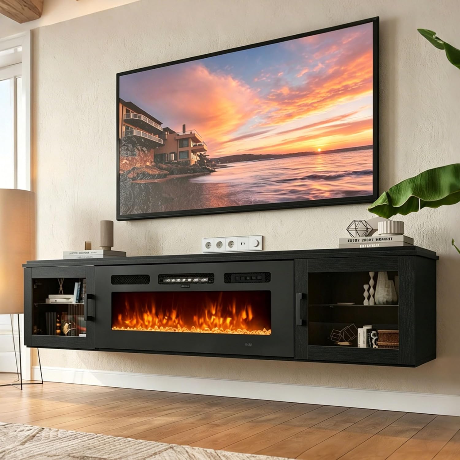 Nordivale 80" Floating TV Stand with 36" Electric Fireplace, Wall Mounted Fireplace Entertainment Center with Storage for TVs Up to 90",WI-FI Enable Fireplace TV Stand for Living Room,Brown&Black