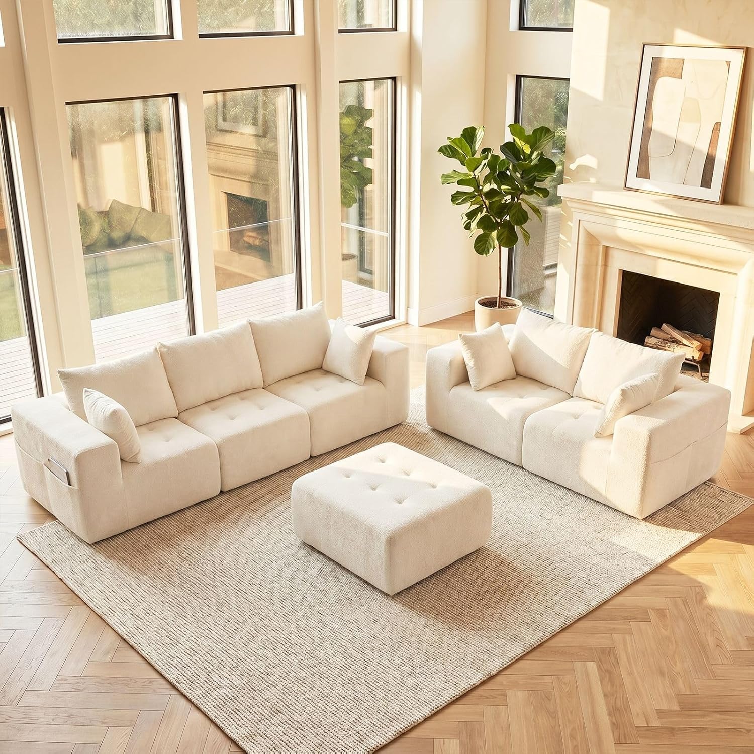 Modular Sectional Boneless Couch, Chenille Tufted Sectional Couches for Living Room, No Assembly L Shape Cloud Sofa with Ottoman & Throw Pillows & Storage Side Pocket