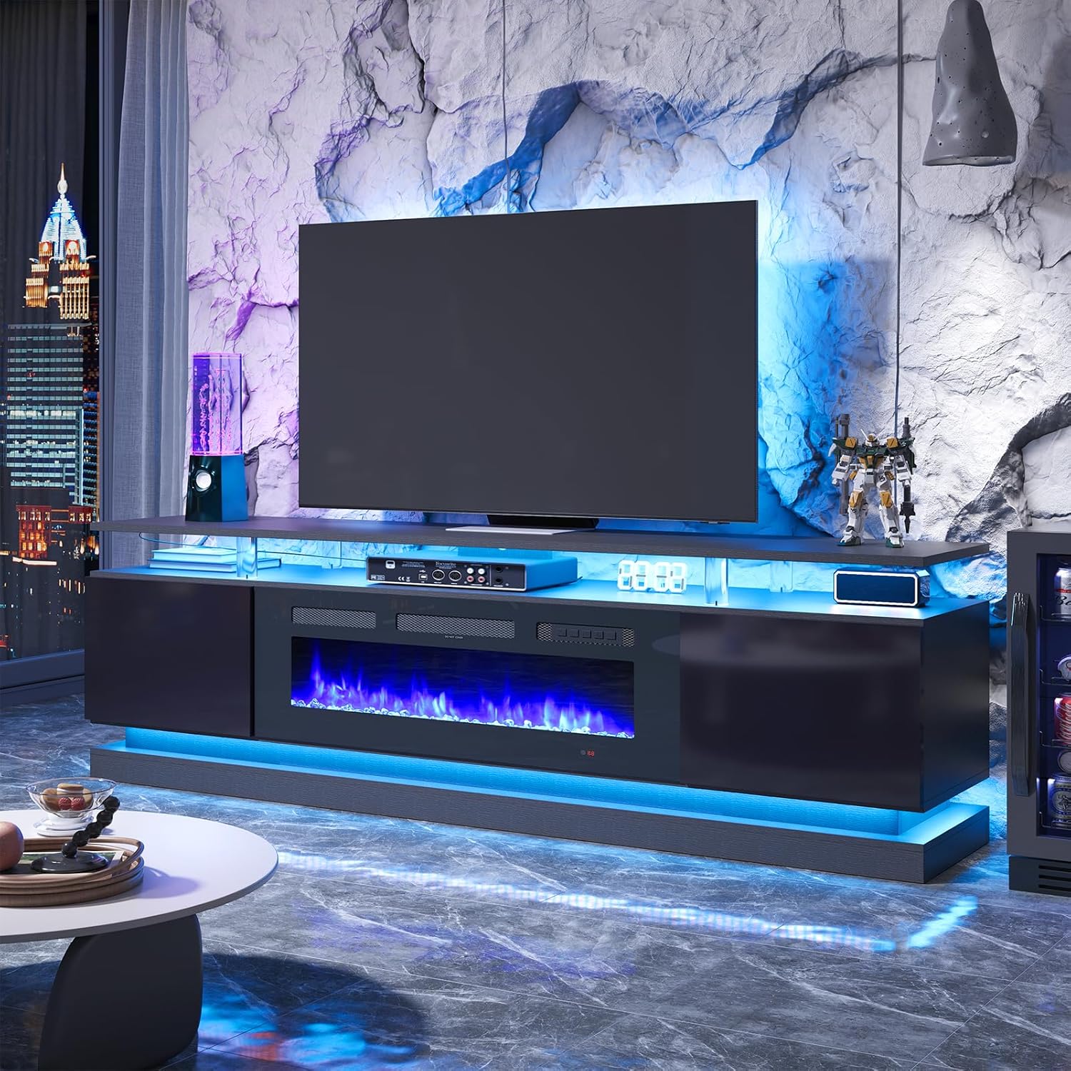Breezestival 70" Fireplace TV Stand for TVs up to 80", Modern Entertainment Center with Black Fireplace and Storage, White