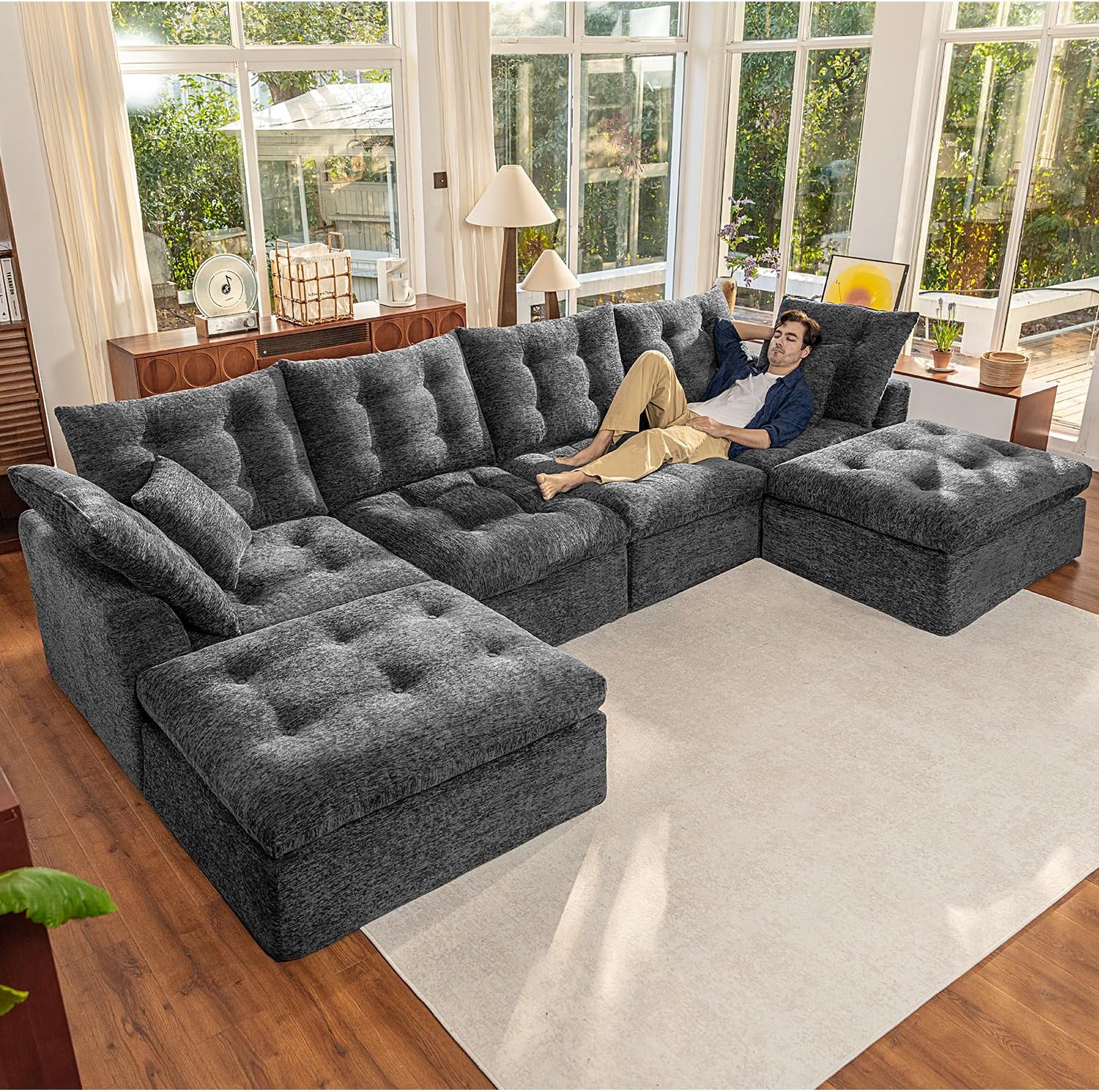 110" Cloud Sectional Couches L-Shaped Modular Boneless Chenille Sofa Couches with Deep Seat Ottoman and Side Pockets, Module Combination for Living Room 3 Seater