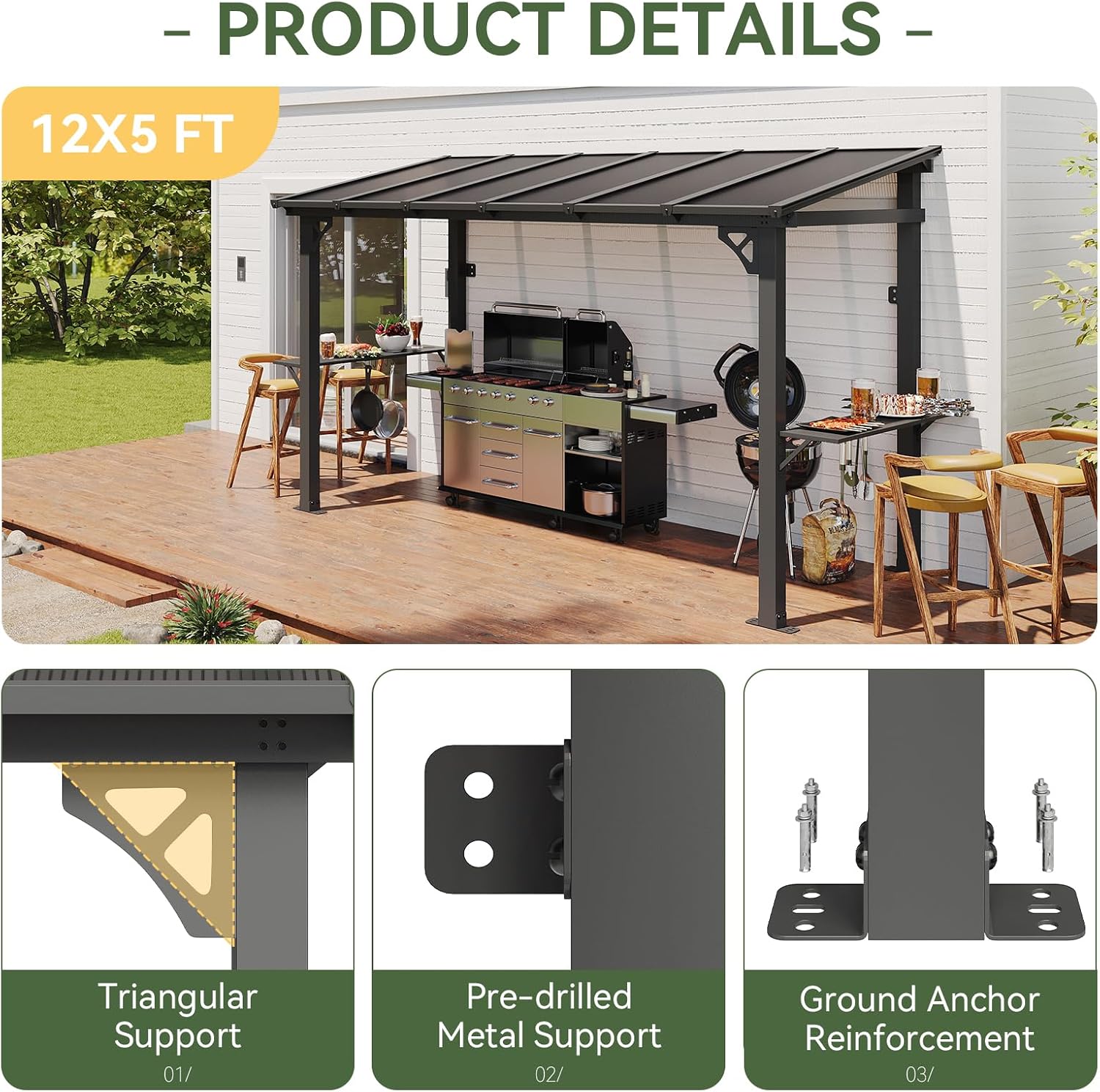 Aoxun 12x5 FT Gazebo, Grill Gazebo with Sloping Steel Roof, Black