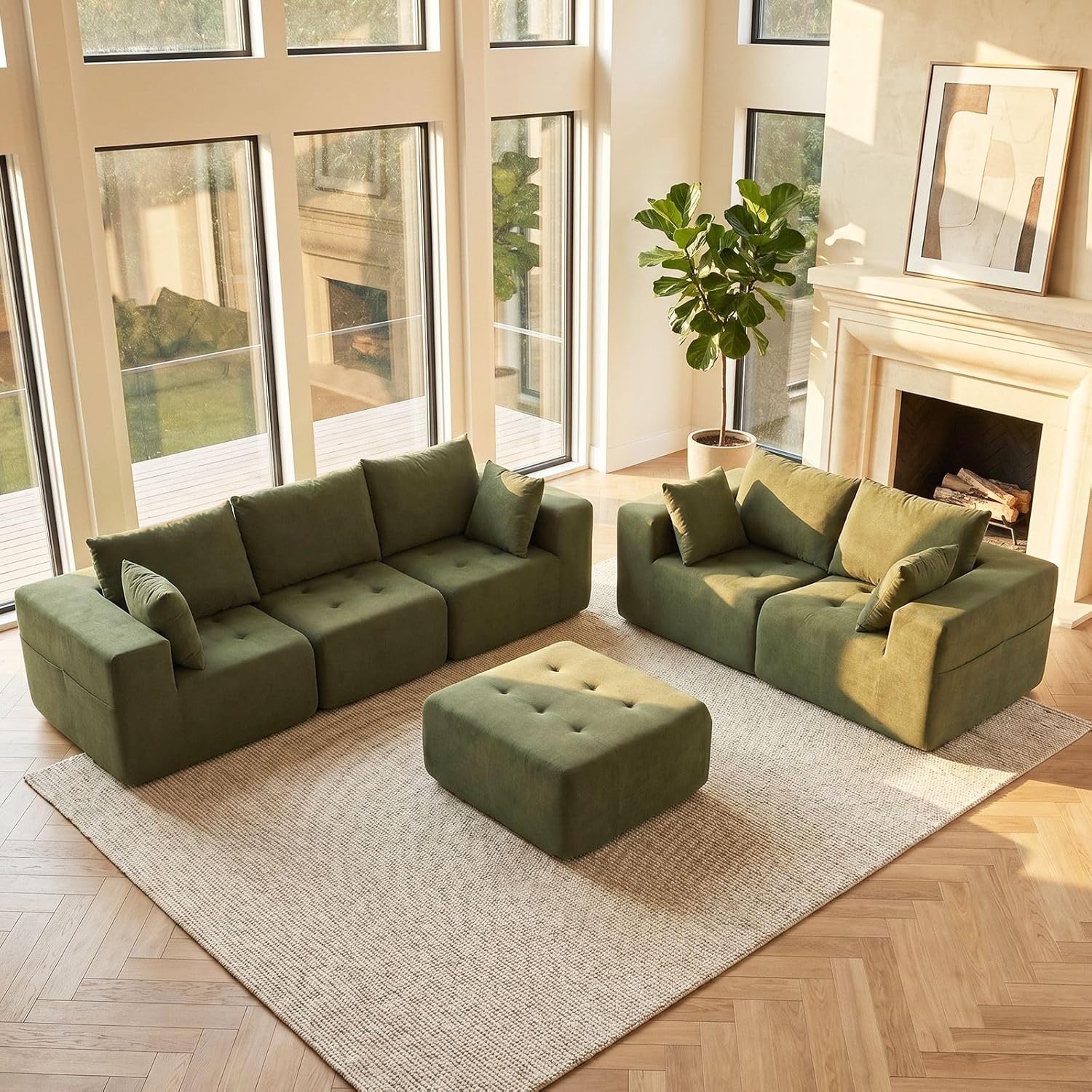 Modular Sectional Boneless Couch, Chenille Tufted Sectional Couches for Living Room, No Assembly L Shape Cloud Sofa with Ottoman & Throw Pillows & Storage Side Pocket