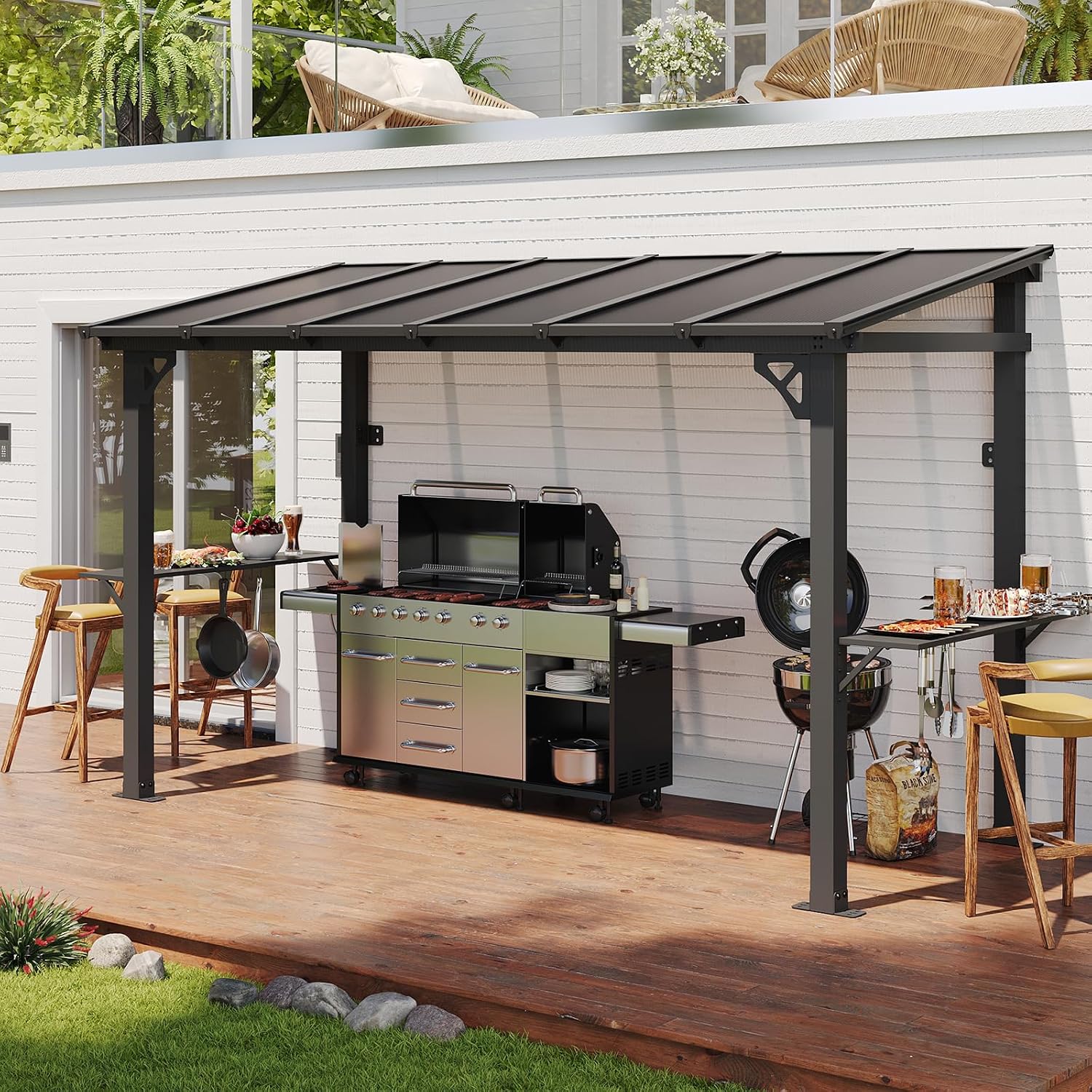 Aoxun 12x5 FT Gazebo, Grill Gazebo with Sloping Steel Roof, Black