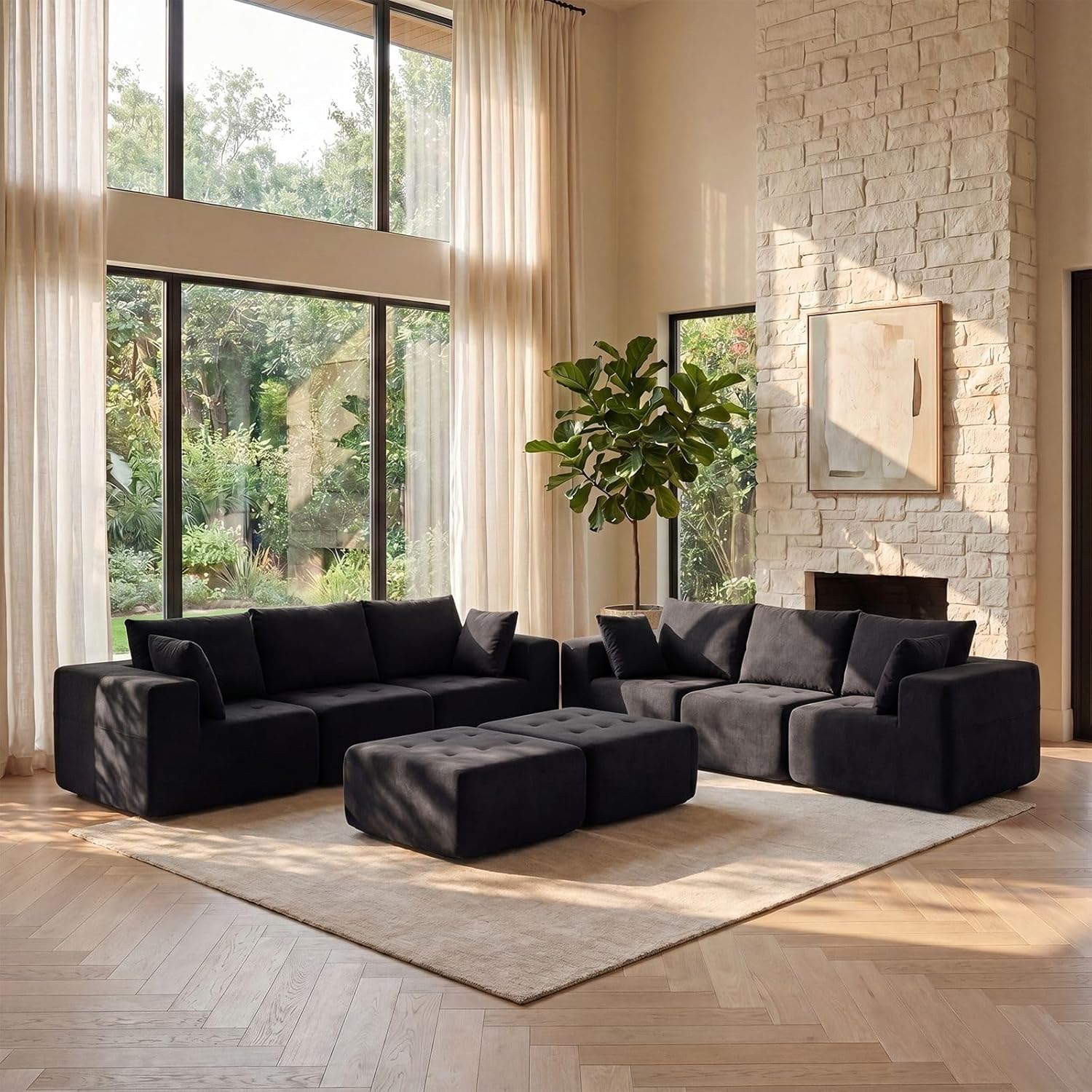 Modular Sectional Boneless Couch, Chenille Tufted Sectional Couches for Living Room, No Assembly L Shape Cloud Sofa with Ottoman & Throw Pillows & Storage Side Pocket