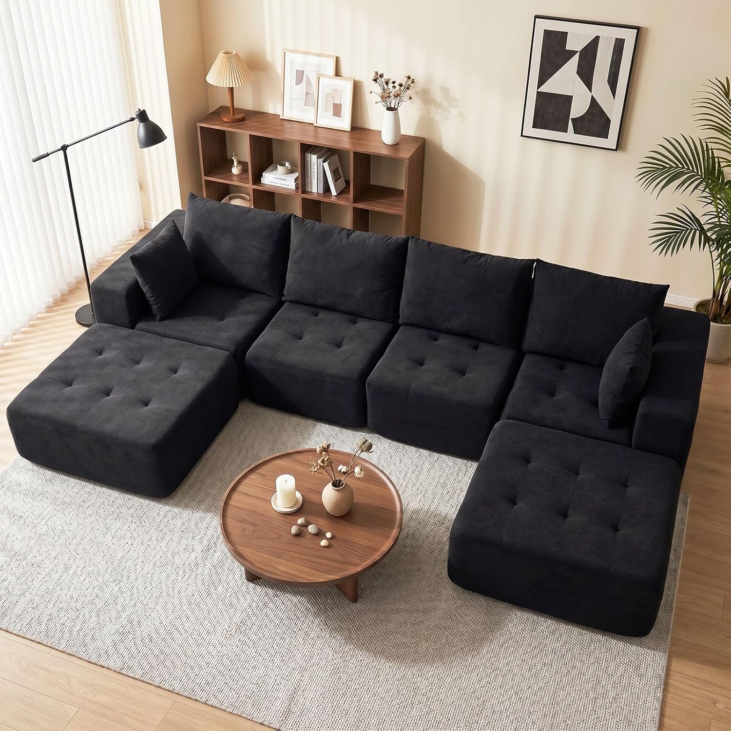 Modular Sectional Boneless Couch, Chenille Tufted Sectional Couches for Living Room, No Assembly L Shape Cloud Sofa with Ottoman & Throw Pillows & Storage Side Pocket