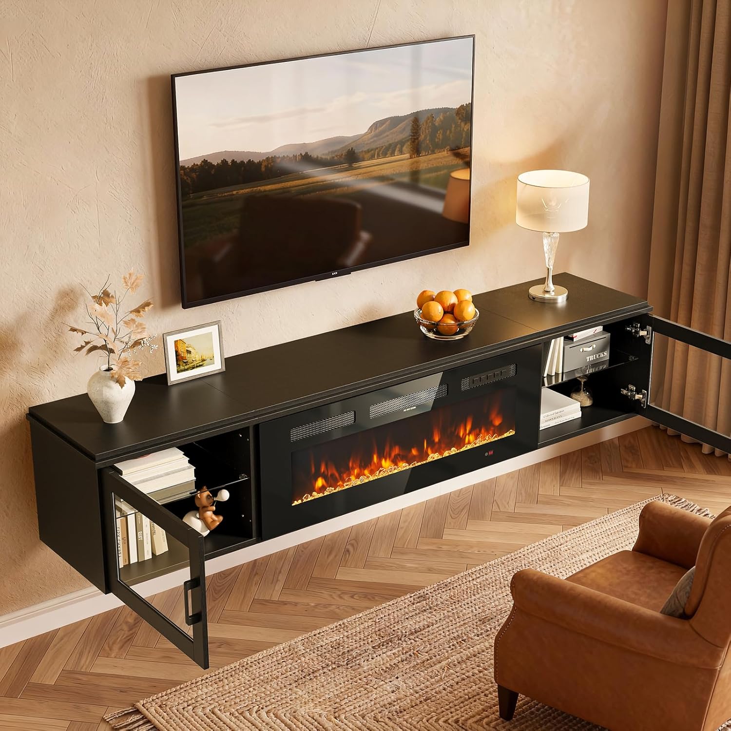 Nordivale 70" Floating TV Stand with 36" Electric Fireplace, Wall Mounted Fireplace Entertainment Center with Storage for TVs Up to 80",WI-FI Enable Fireplace TV Stand for Living Room,Black&Black