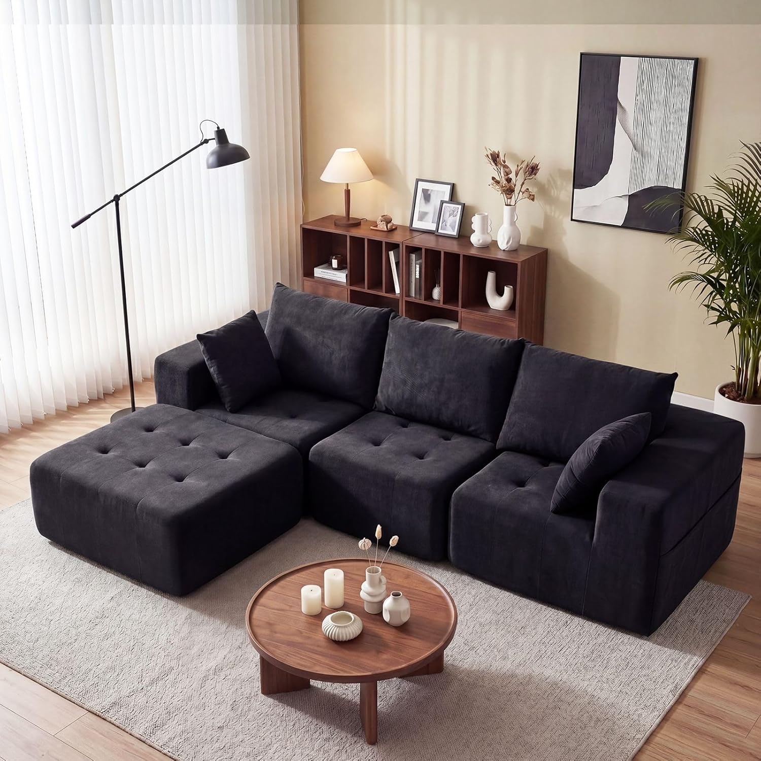 Modular Sectional Boneless Couch, Chenille Tufted Sectional Couches for Living Room, No Assembly L Shape Cloud Sofa with Ottoman & Throw Pillows & Storage Side Pocket