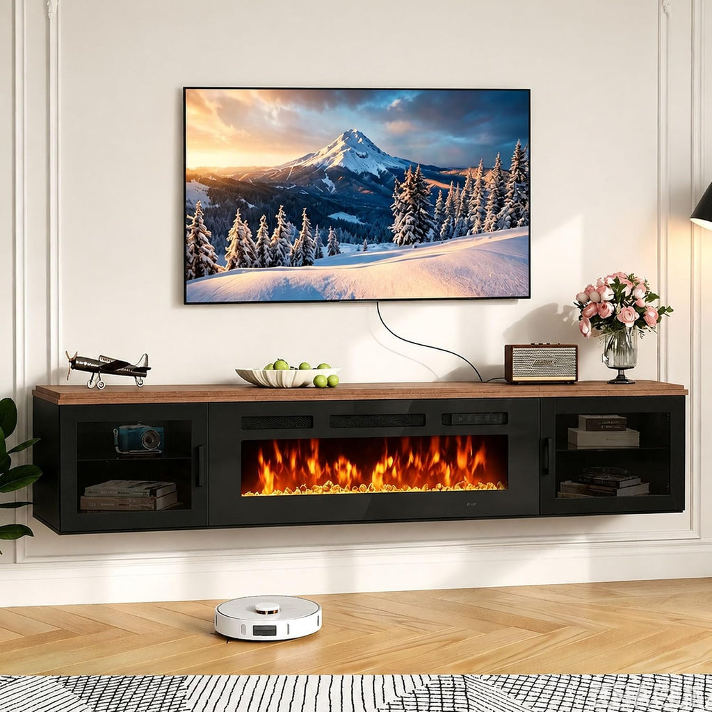 80" Floating TV Stand with 36" Electric Fireplace, Floating Wall Mounted Fireplace Entertainment Center with Storage for TVs Up to 90",Fireplace TV Console for Living Room, WIFI-Enable,Walnut &Black