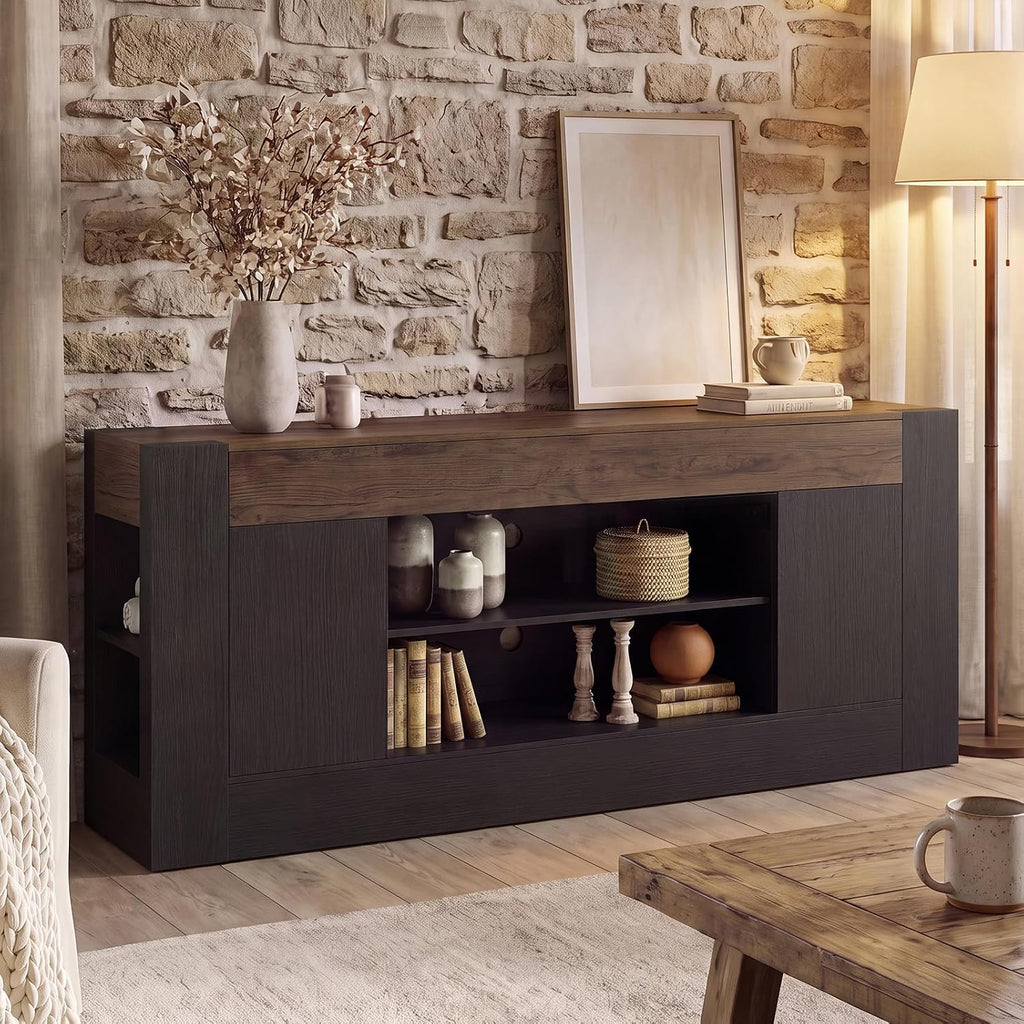 70 inch TV Stand for TVs Up to 80 Inches with Storage, White | Modern Entertainment Center and Media Console with Open Shelves, 2 Side Cabinets and Thick-Frame Design for Living Rooms