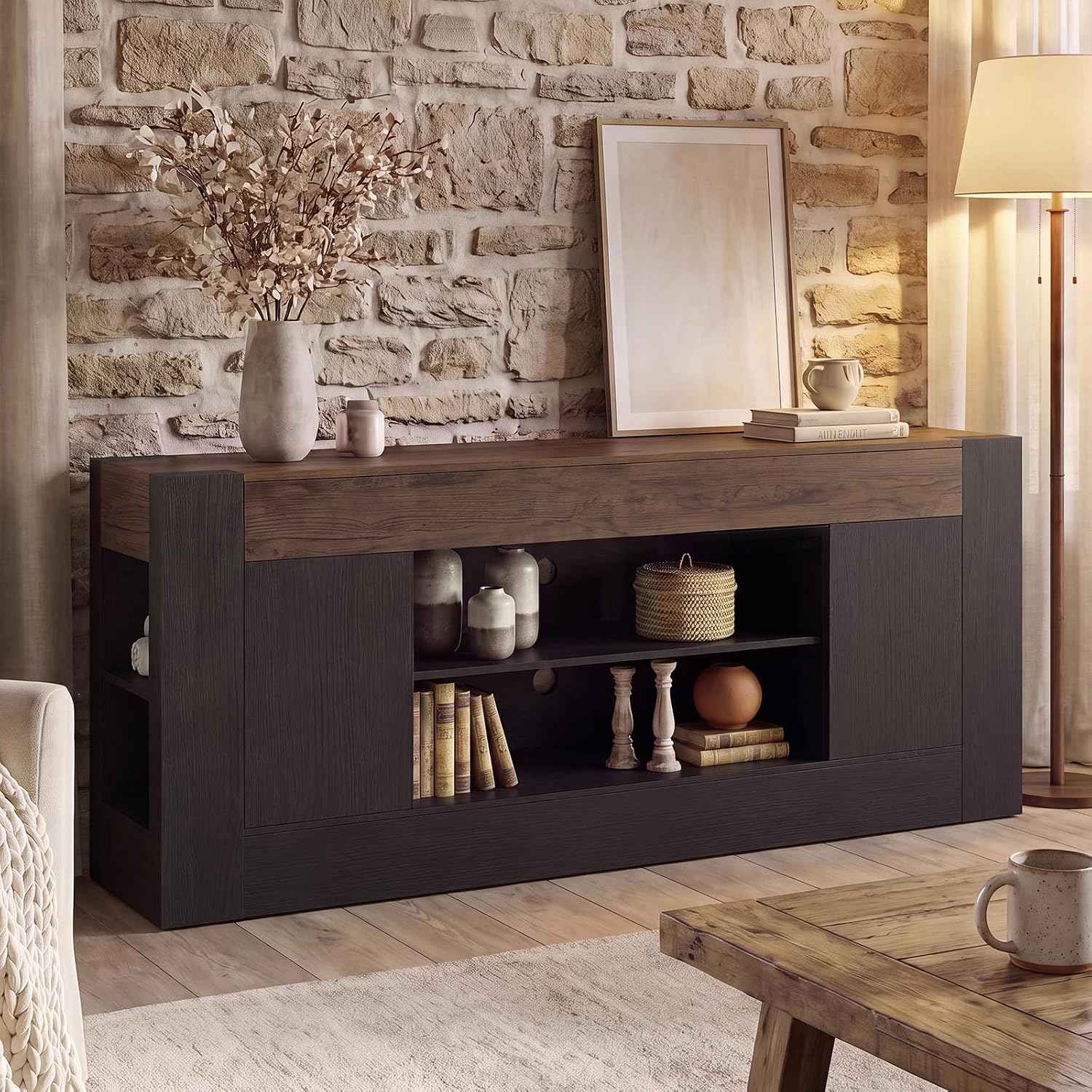 70 inch TV Stand for TVs Up to 80 Inches with Storage, White | Modern Entertainment Center and Media Console with Open Shelves, 2 Side Cabinets and Thick-Frame Design for Living Rooms
