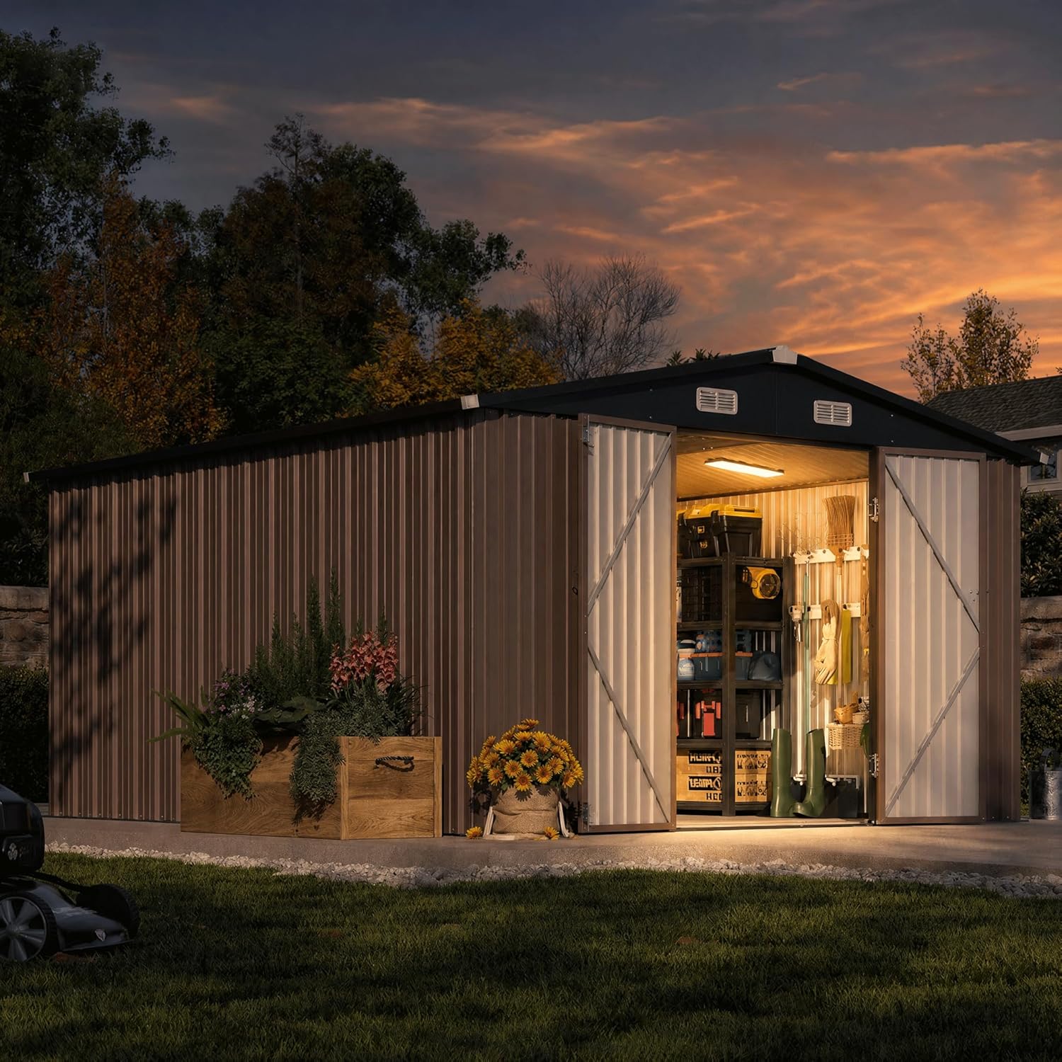 Aoxun 10 x 12FT Outdoor Storage Shed withwith 2 Pack Motion Sensor Light Utility Garden Shed with Lockable Door & Sloped Roof Metal Sheds Outdoor Storage for Garden, Backyard, and Backyard, Brown