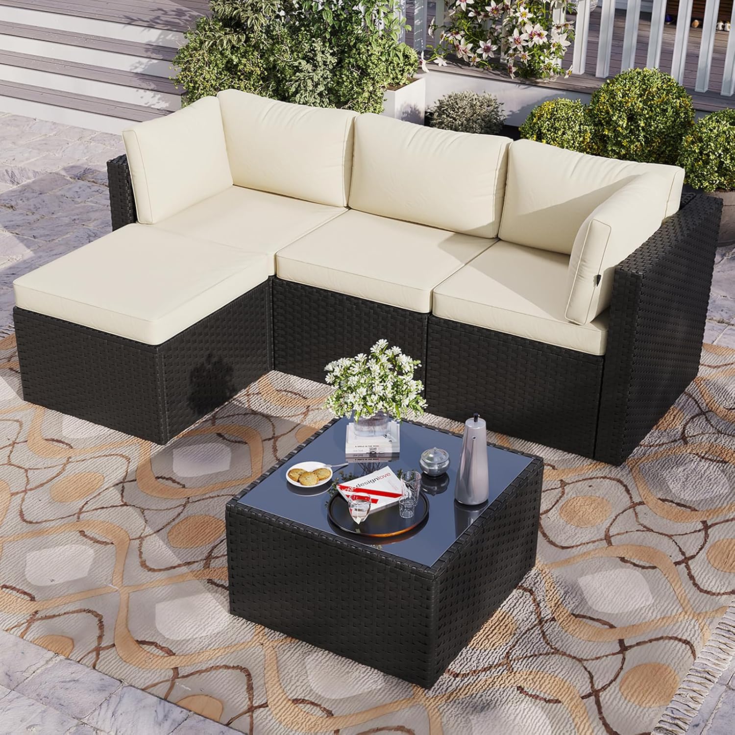 Aoxun Outdoor Patio Furniture Set, 5-Pieces All-Weather Rattan Sectional Sofa Conversation Set with Glass Coffee Table for Backyard Porch Poolside