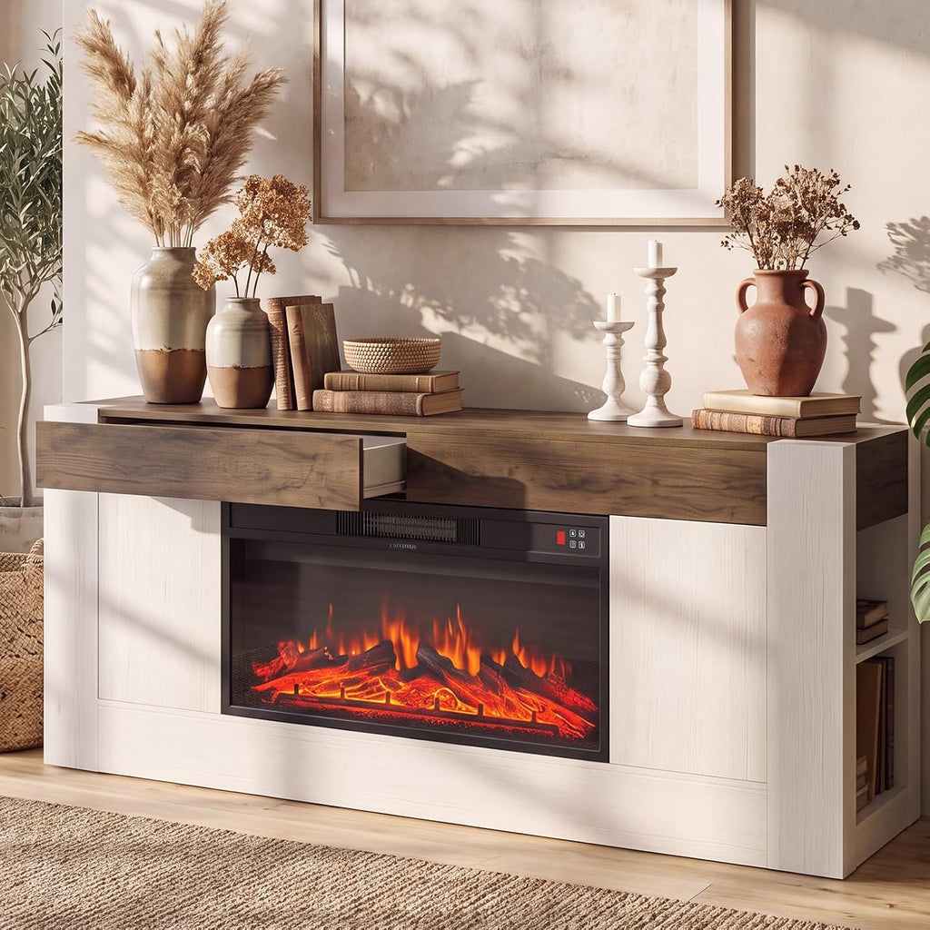 Modern 70 inch TV Stand with Electric Fireplace and Storage, White | Fireplace Entertainment Center for TVs Up to 80", Media Console with Side Storage, Thick Wood Design for Living Room