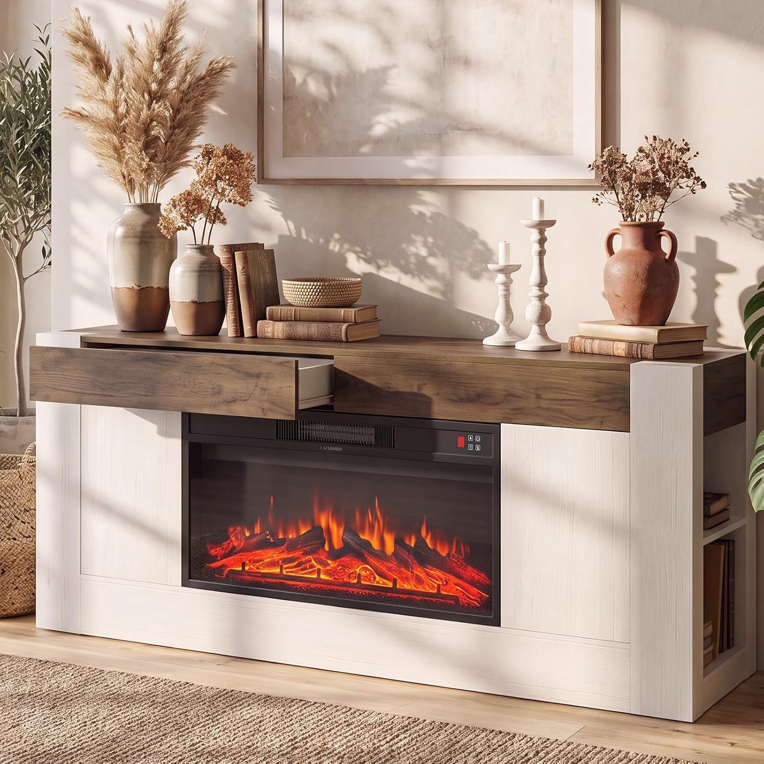 Modern 70 inch TV Stand with Electric Fireplace and Storage, White | Fireplace Entertainment Center for TVs Up to 80", Media Console with Side Storage, Thick Wood Design for Living Room