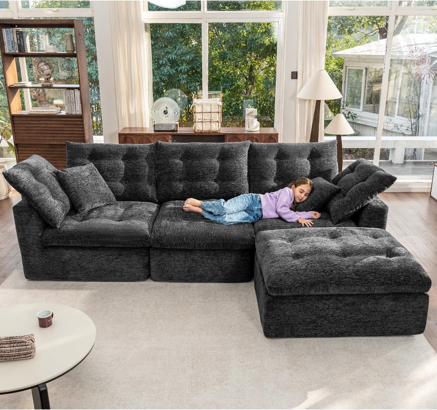 110" Cloud Sectional Couches L-Shaped Modular Boneless Chenille Sofa Couches with Deep Seat Ottoman and Side Pockets, Module Combination for Living Room 3 Seater