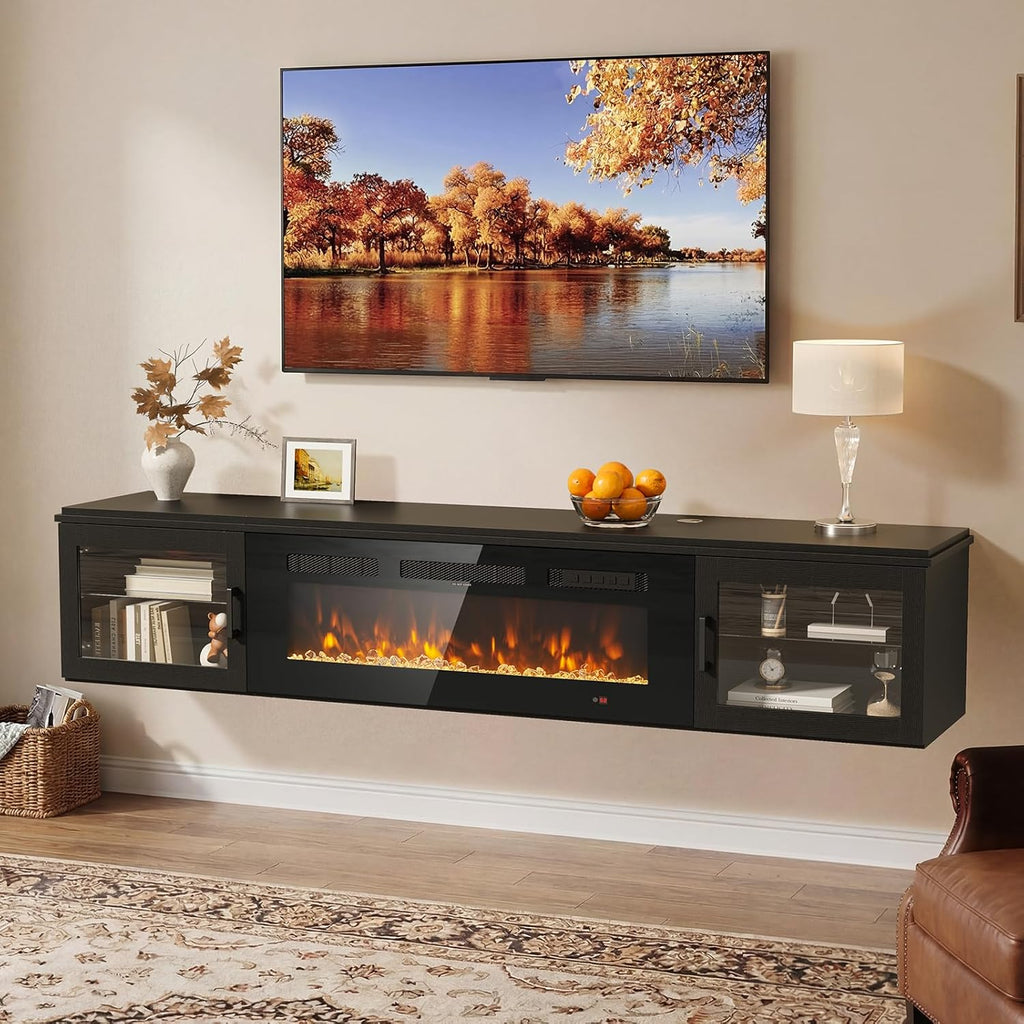 Nordivale 70" Floating TV Stand with 36" Electric Fireplace, Wall Mounted Fireplace Entertainment Center with Storage for TVs Up to 80",WI-FI Enable Fireplace TV Stand for Living Room,Black&Black