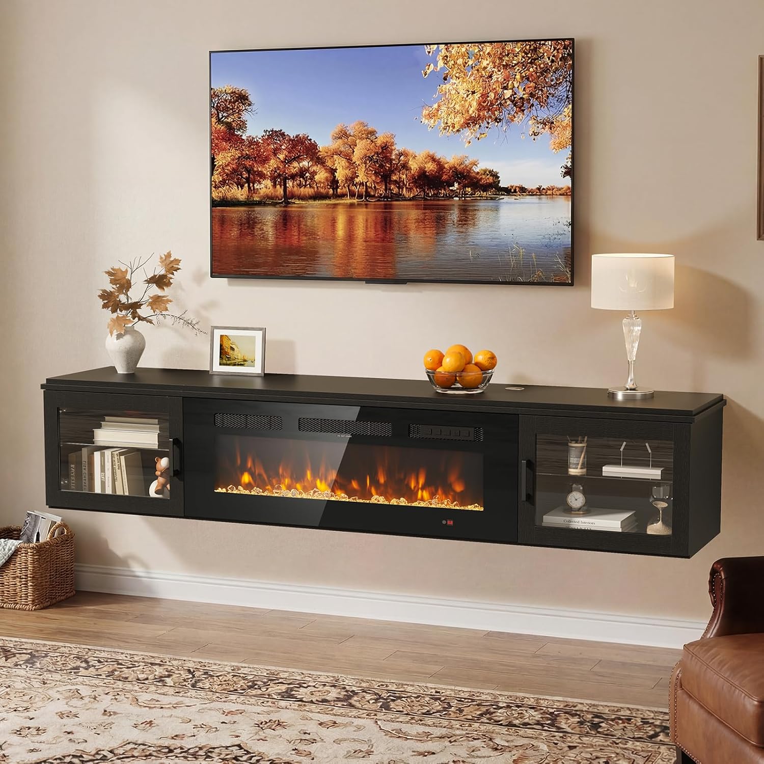 Nordivale 70" Floating TV Stand with 36" Electric Fireplace, Wall Mounted Fireplace Entertainment Center with Storage for TVs Up to 80",WI-FI Enable Fireplace TV Stand for Living Room,Black&Black