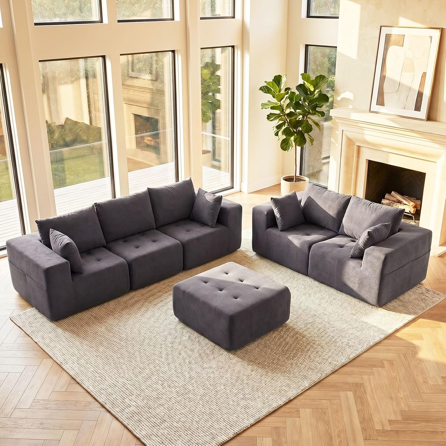 Modular Sectional Boneless Couch, Chenille Tufted Sectional Couches for Living Room, No Assembly L Shape Cloud Sofa with Ottoman & Throw Pillows & Storage Side Pocket
