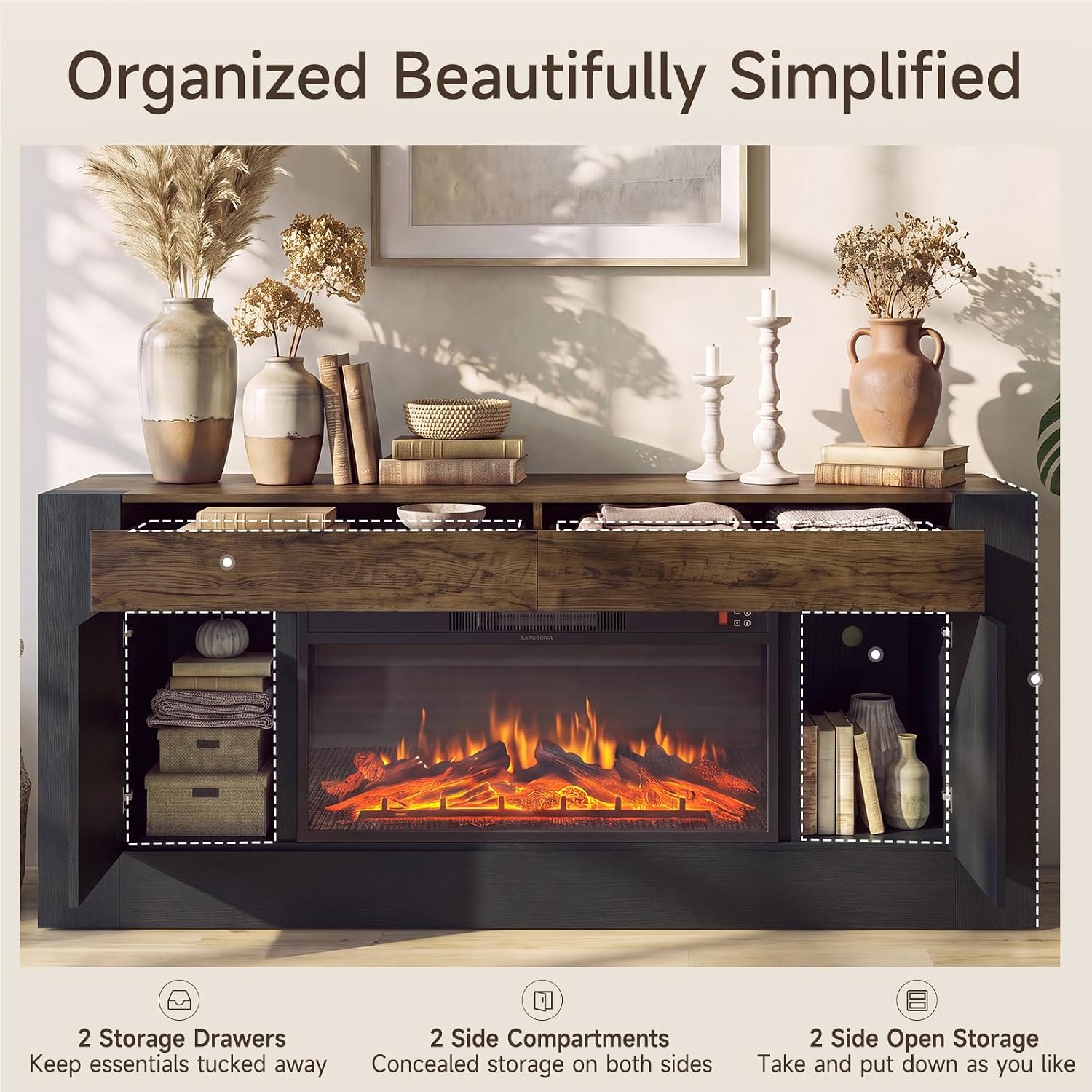 Modern 70 inch TV Stand with Electric Fireplace and Storage, Black | Fireplace Entertainment Center for TVs Up to 80", Media Console with Side Storage, Thick Wood Design for Living Room