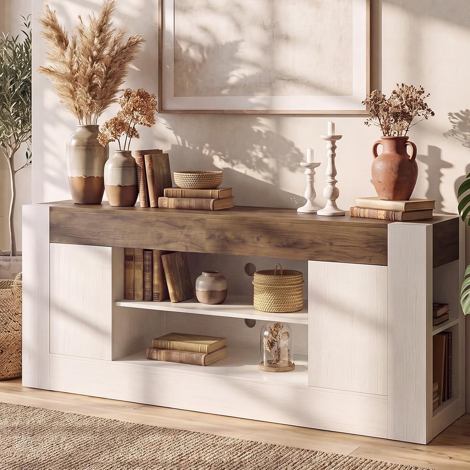 70 inch TV Stand for TVs Up to 80 Inches with Storage, White | Modern Entertainment Center and Media Console with Open Shelves, 2 Side Cabinets and Thick-Frame Design for Living Rooms