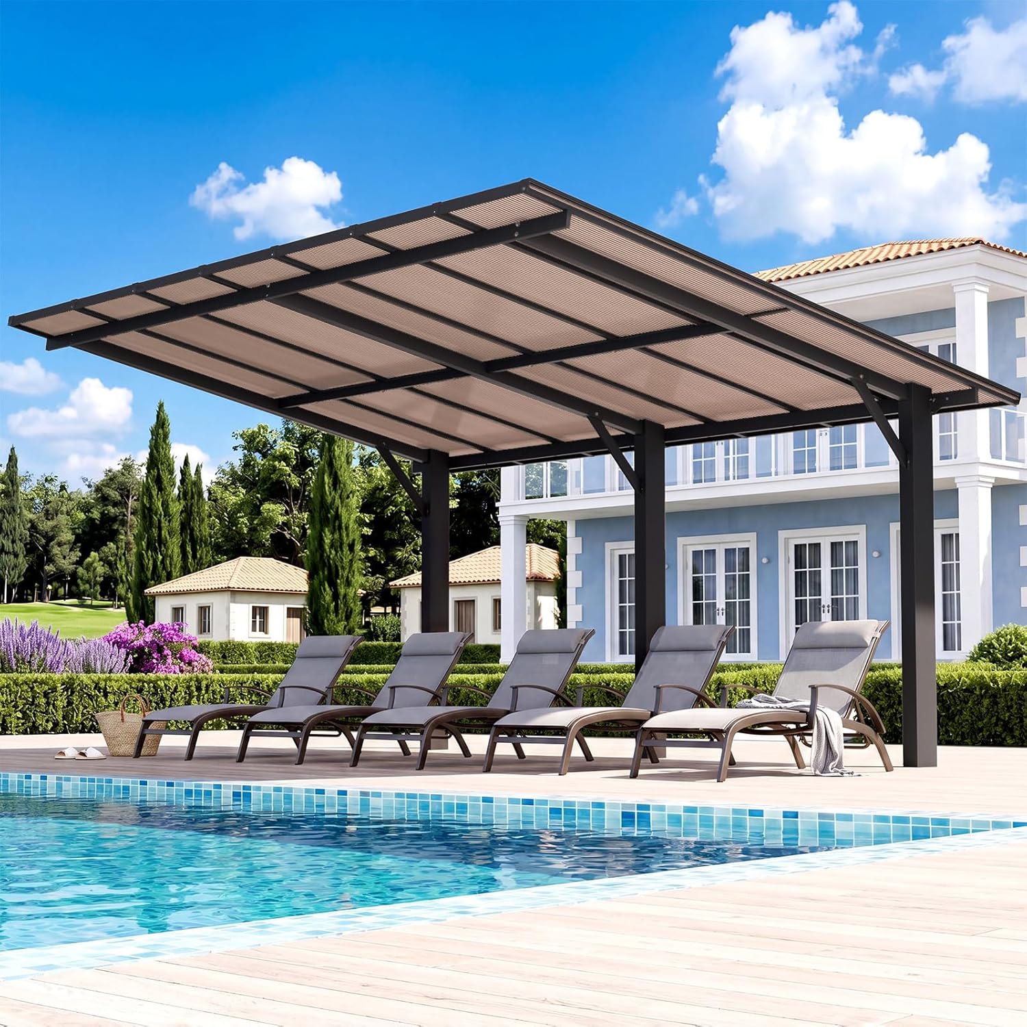 Aoxun 14' x 10' Gazebo, Freestanding Pergola with Roof, Heavy Duty Outdoor Pergolas for Patios, Hard Top Metal Wall-Mounted Pergola, 4.72" Thick Support Posts Carport Shelter for Patio, Backyard