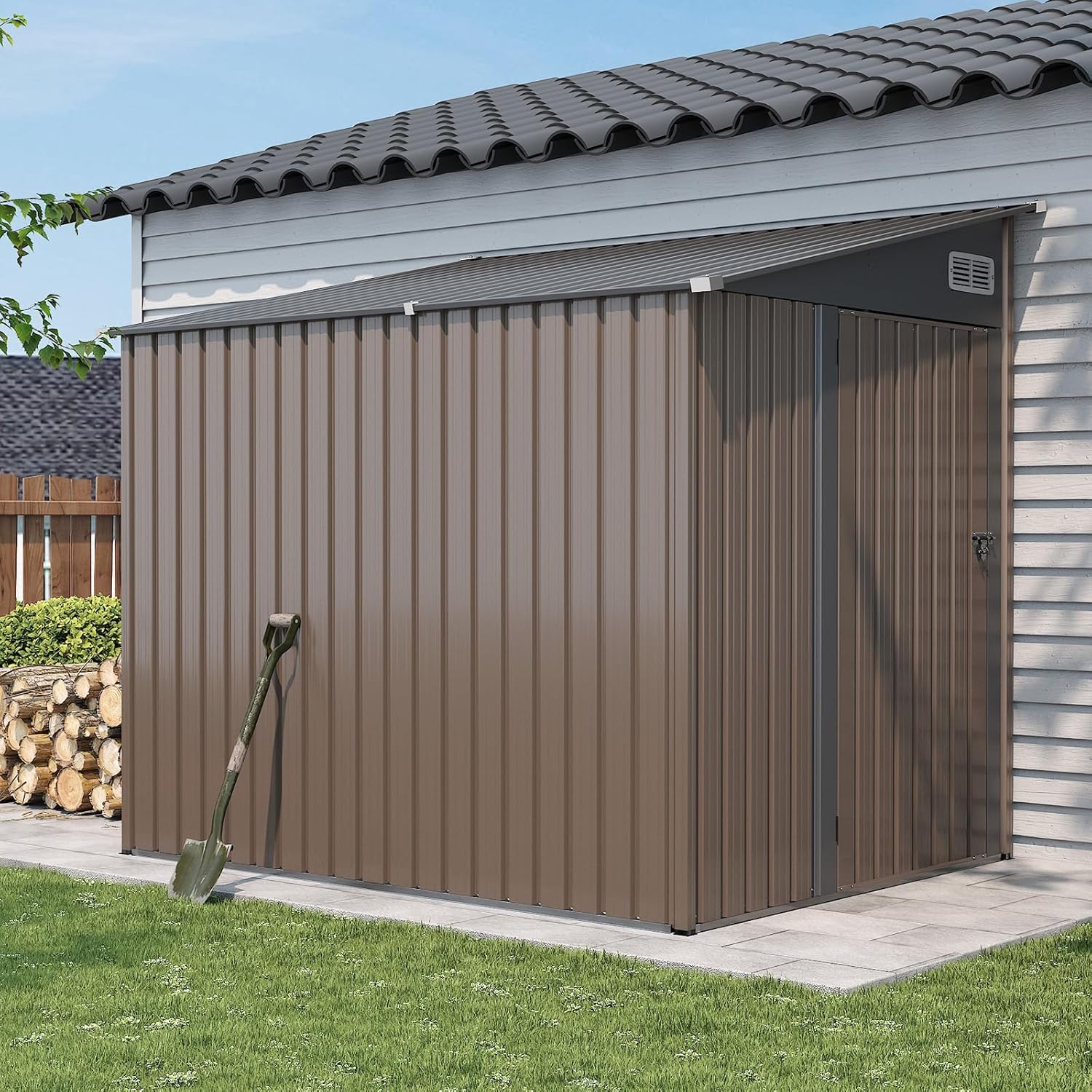 Aoxun 7x5 FT Lean to Shed Garden with Sloped Roof Metal Storage Shed with Lockable Doors & Single Door Outdoor Bike Shed for Backyard, Patio, Poolside (Brown)
