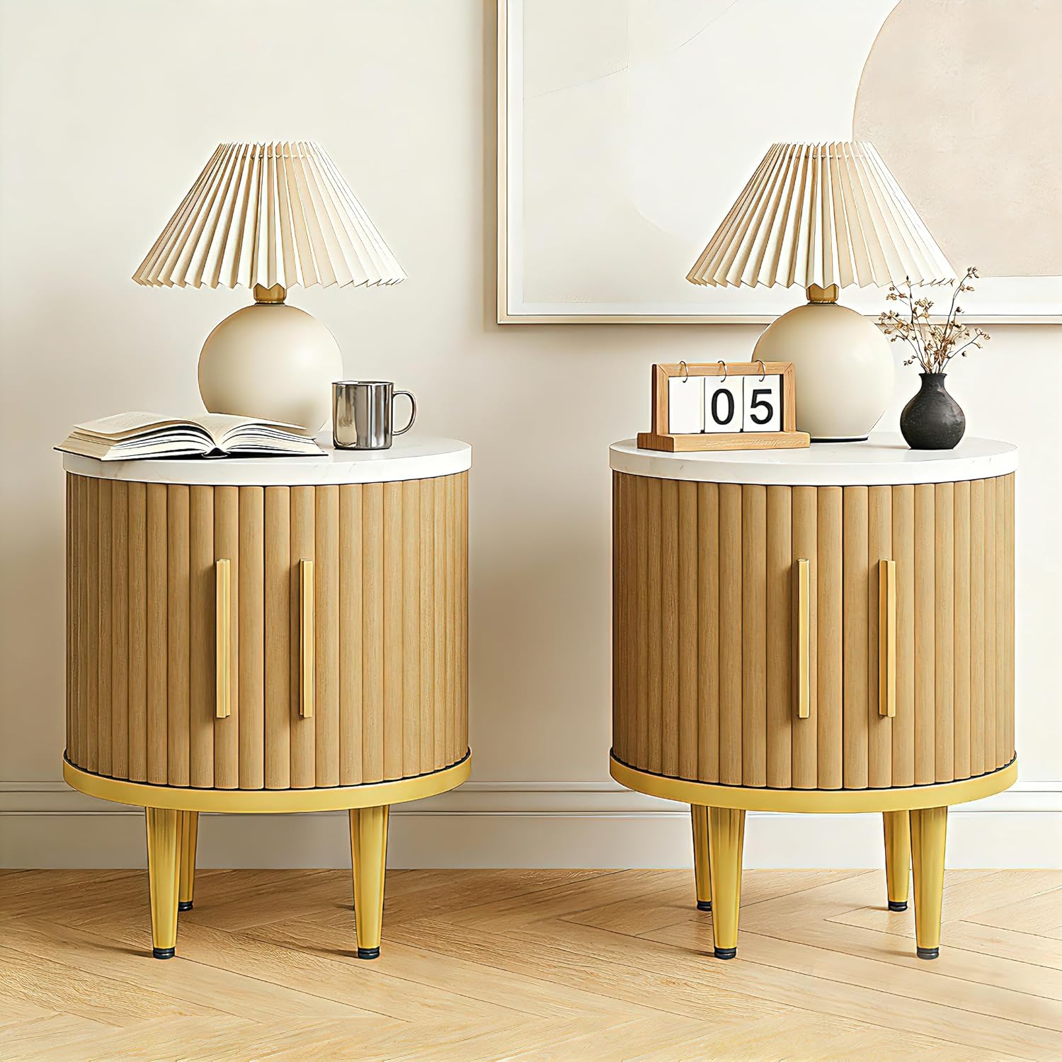 Fluted Nightstand Set of 2, Modern Side Table with Faux Marble Top and Metal Handle