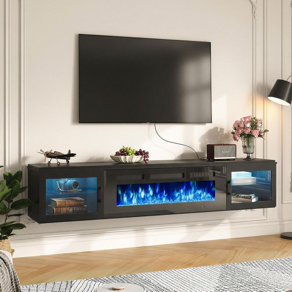 Nordivale 70" Floating TV Stand with 36" Electric Fireplace, Wall Mounted Fireplace Entertainment Center with Storage for TVs Up to 80",Fireplace TV Stand for Living Room，Black&Black