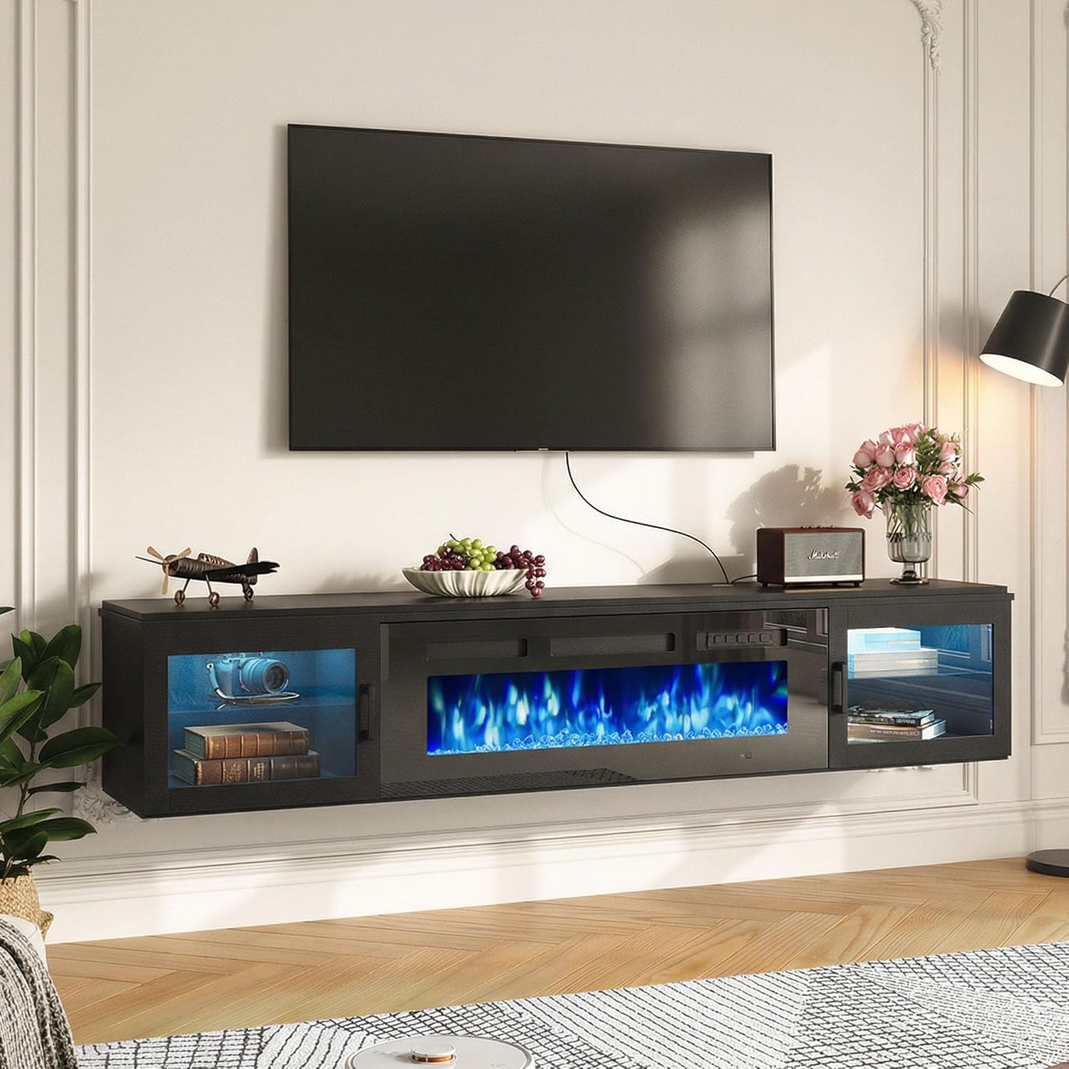 Nordivale 70" Floating TV Stand with 36" Electric Fireplace, Wall Mounted Fireplace Entertainment Center with Storage for TVs Up to 80",Fireplace TV Stand for Living Room，Black&Black