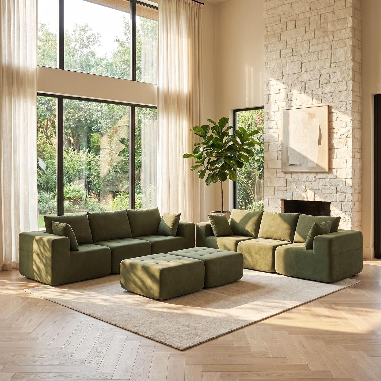Modular Sectional Boneless Couch, Chenille Tufted Sectional Couches for Living Room, No Assembly L Shape Cloud Sofa with Ottoman & Throw Pillows & Storage Side Pocket