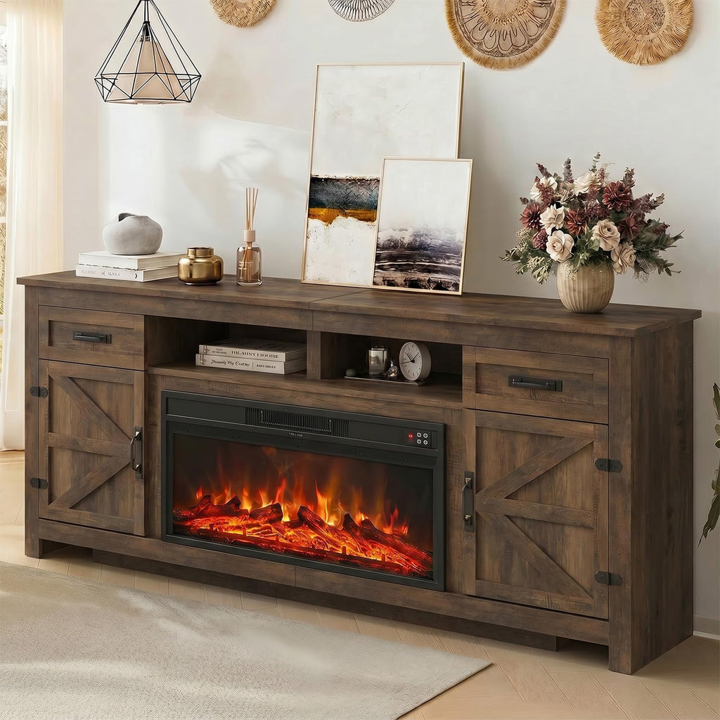 Breezestival Fireplace TV Stand, 80" Farmhouse TV Stand with Barn Door for 85" TVs, Entertainment Center with Black Fireplace & Storage, Brown