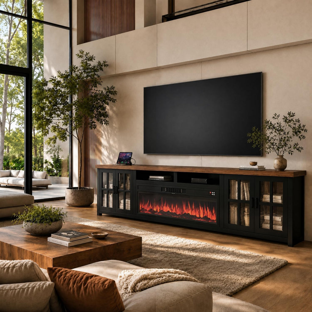 Aldercliff 98" Solid Wood Fireplace TV Stand, Entertainment Center with 40" WI-FI Electric Fireplace,Modern TV Media Console with Tempered Glass Doors for Living Room, Black