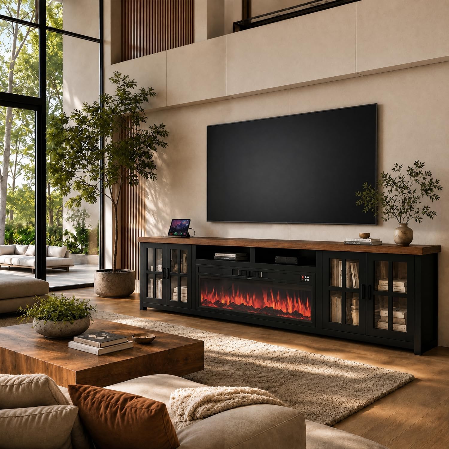 Aldercliff 98" Solid Wood Fireplace TV Stand, Entertainment Center with 40" WI-FI Electric Fireplace,Modern TV Media Console with Tempered Glass Doors for Living Room, Black
