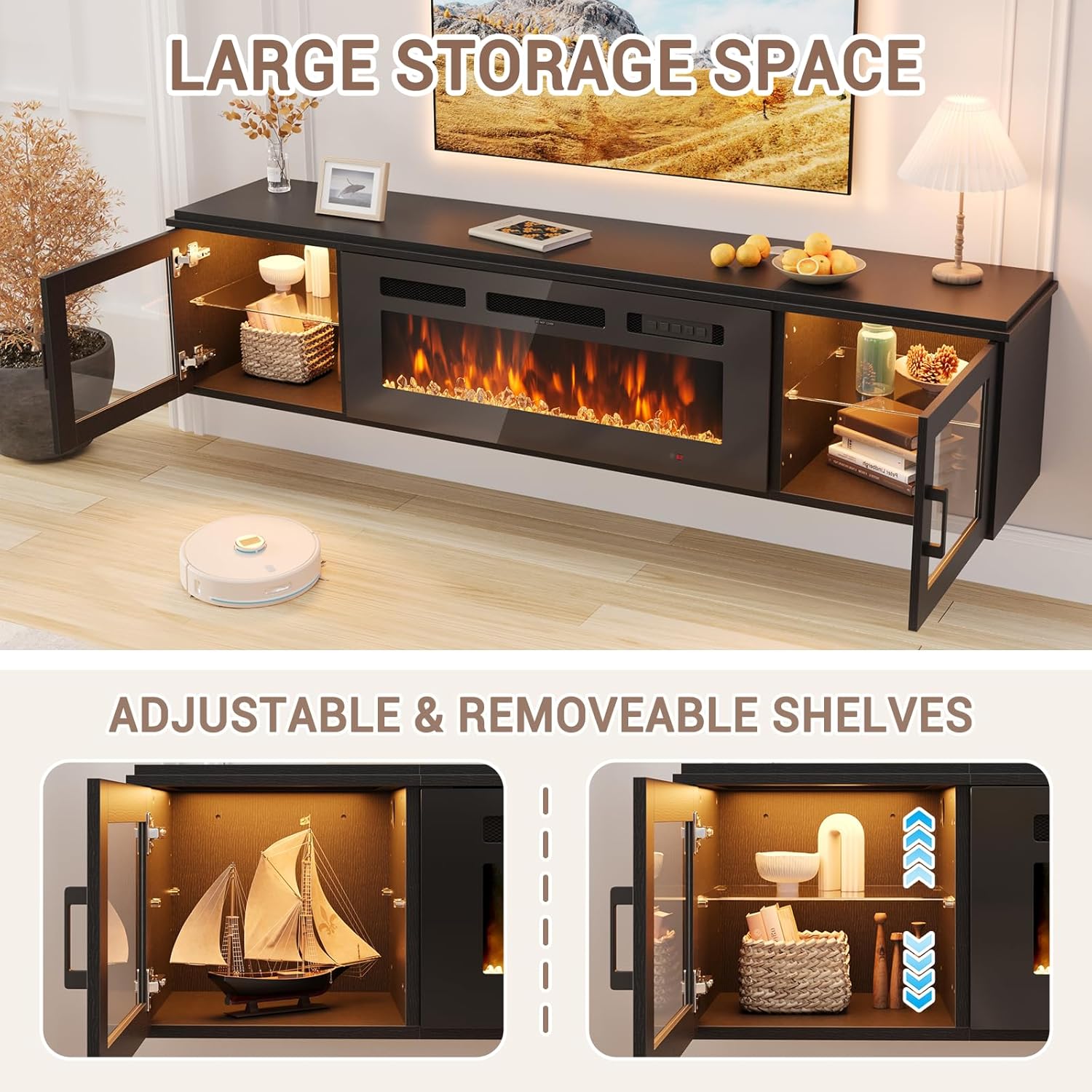 Nordivale 70" Floating TV Stand with 36" Electric Fireplace, Wall Mounted Fireplace Entertainment Center with Storage for TVs Up to 80",Fireplace TV Stand for Living Room，Black&Black
