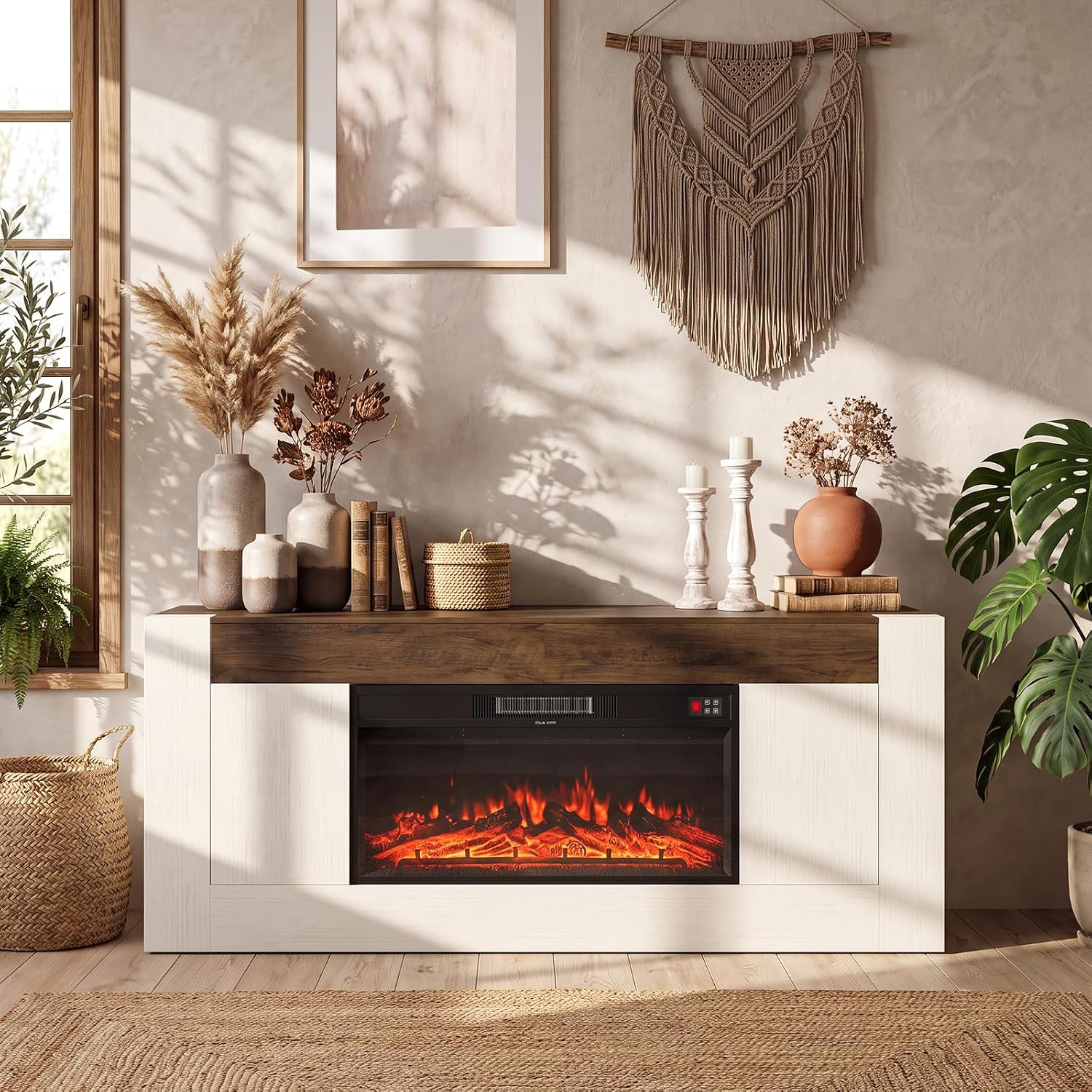Modern 70 inch TV Stand with Electric Fireplace and Storage, White | Fireplace Entertainment Center for TVs Up to 80", Media Console with Side Storage, Thick Wood Design for Living Room