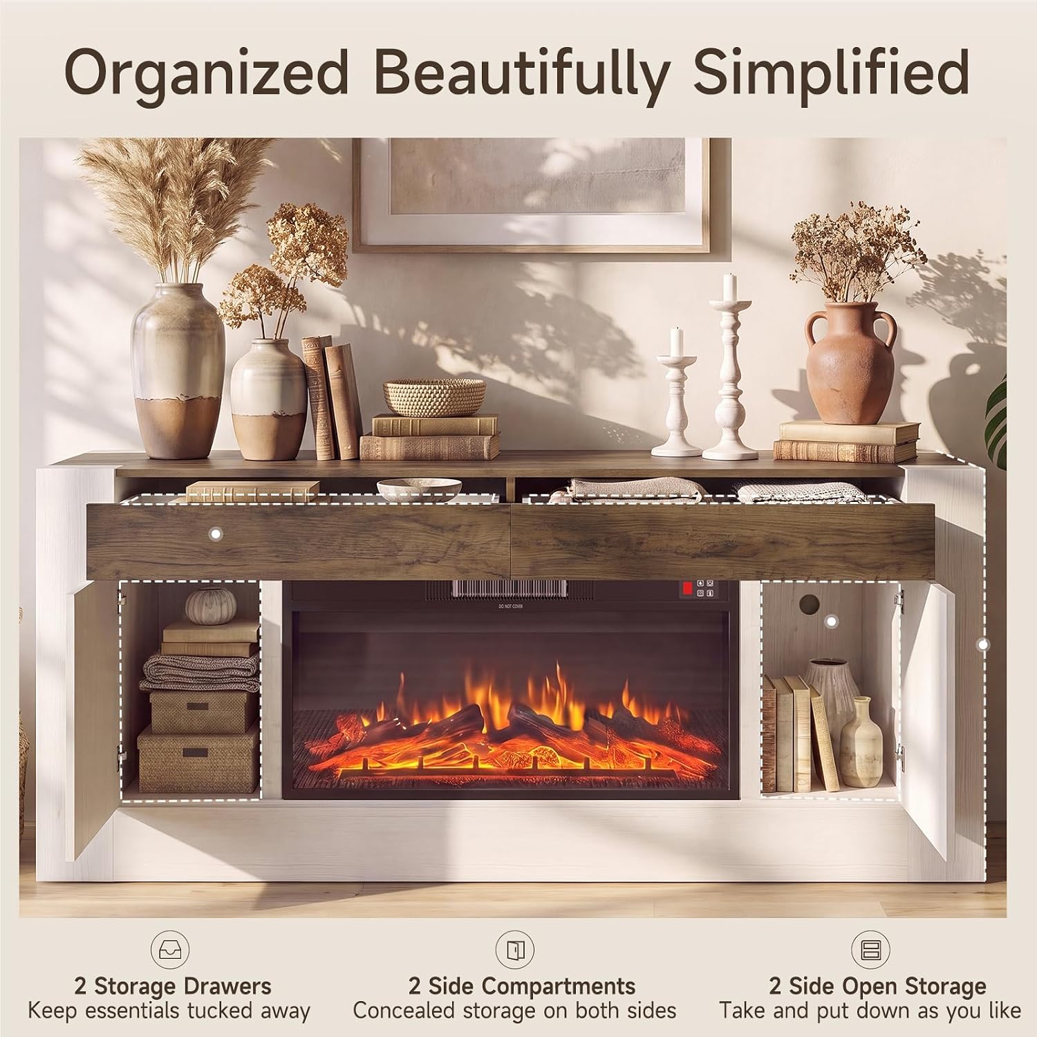 Modern 70 inch TV Stand with Electric Fireplace and Storage, White | Fireplace Entertainment Center for TVs Up to 80", Media Console with Side Storage, Thick Wood Design for Living Room