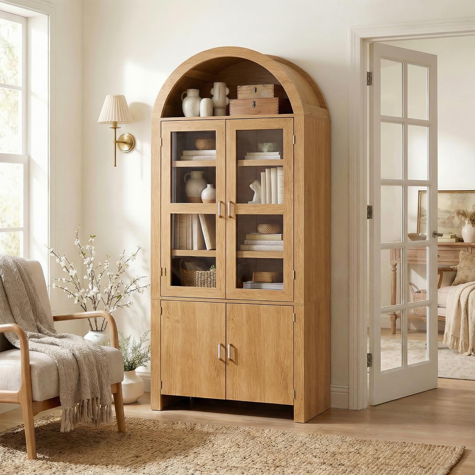 Breezestival 71" Tall Arched Kitchen Pantry Cabinet, Modern Farmhouse Wood Kitchens Storage Cabinets, Cupboard for Dining Room, Kitchen, Bathroom, Natural