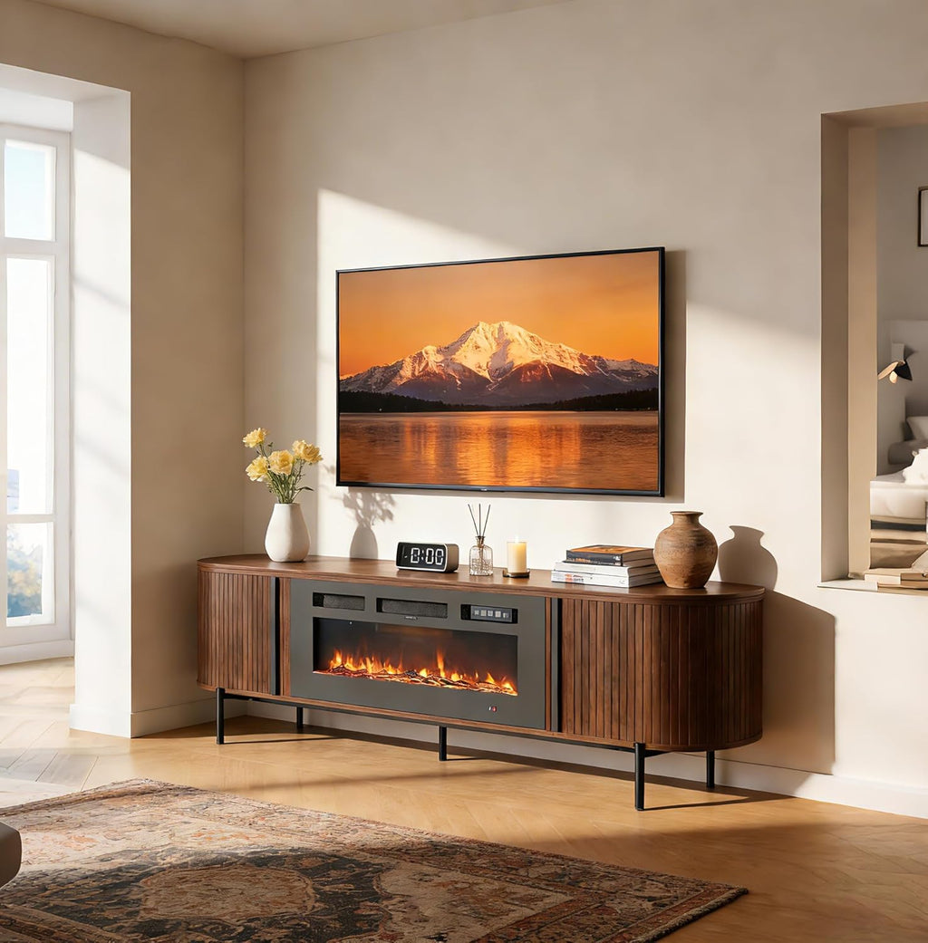 Luxury 70" Fluted TV Stand with Fireplace, Mid Century Modern TV Stand, Entertainment Center for TVs Up to 80", Electric Fireplace TV Console for Living Room with Storage,70 Inch, Brown