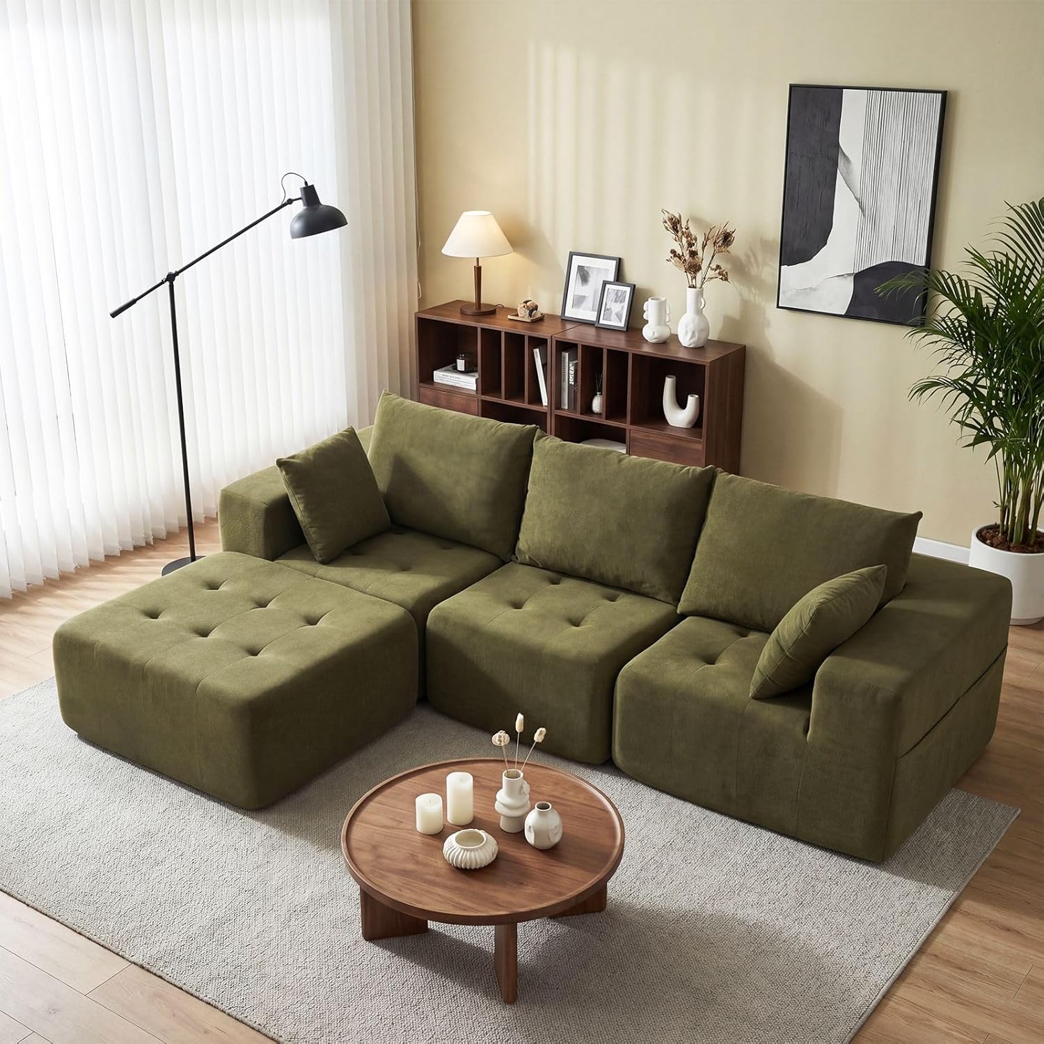 Modular Sectional Boneless Couch, Chenille Tufted Sectional Couches for Living Room, No Assembly L Shape Cloud Sofa with Ottoman & Throw Pillows & Storage Side Pocket