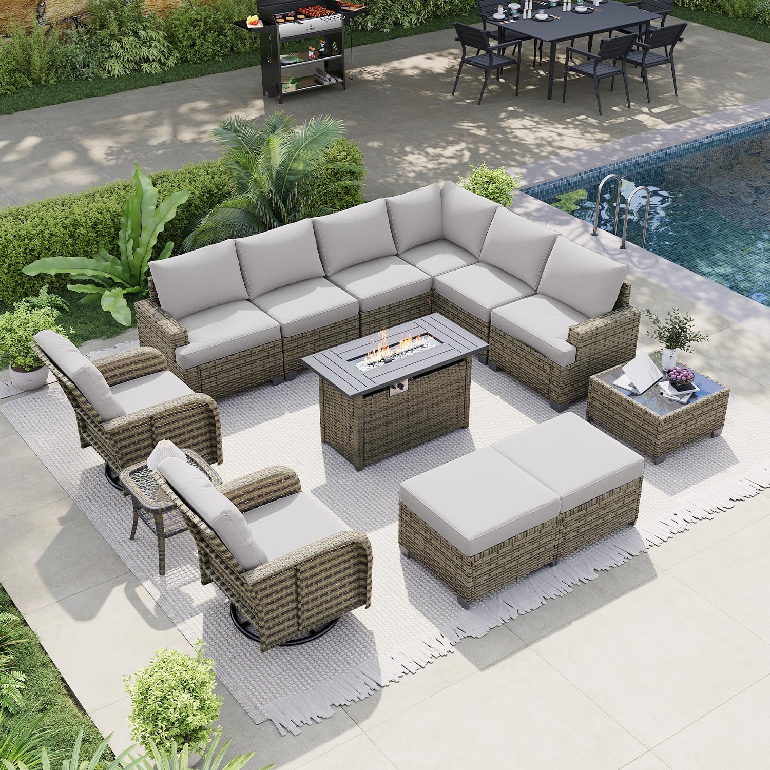 LET'S PATIO Luxury Patio Furniture Set with Fire Pit Table, 13 Piece Outdoor Furniture Set with Swivel Rocker Chairs & Ottomans, All-Weather Patio Sectional Sofas with Thickened Cushions