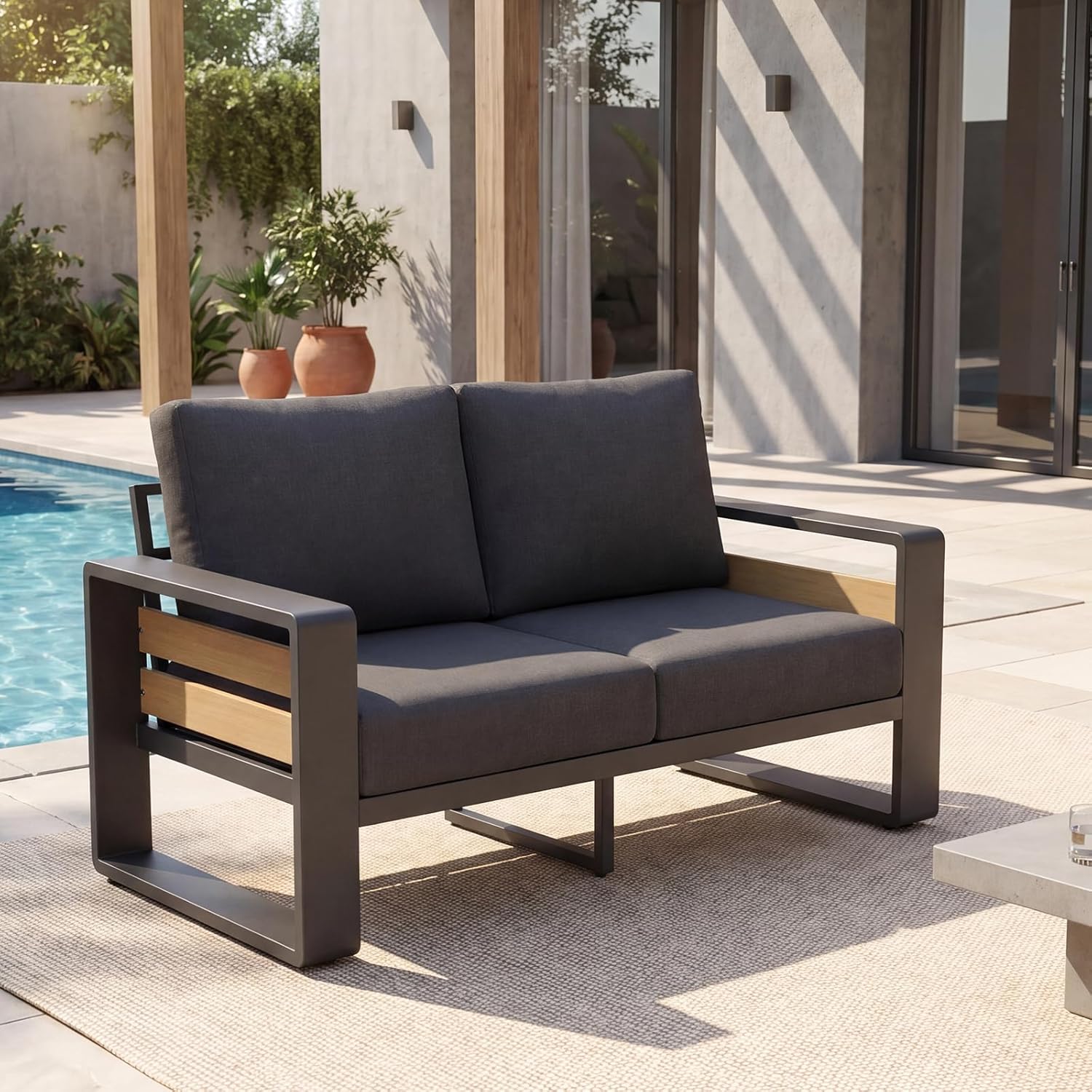 LET'S PATIO Aluminum Patio Furniture Set 7 Seats, Oversized Outdoor Sectional with 5.5" Washable Thick Cushions, Patio Conversation Sets with Coffee Table for Backyard