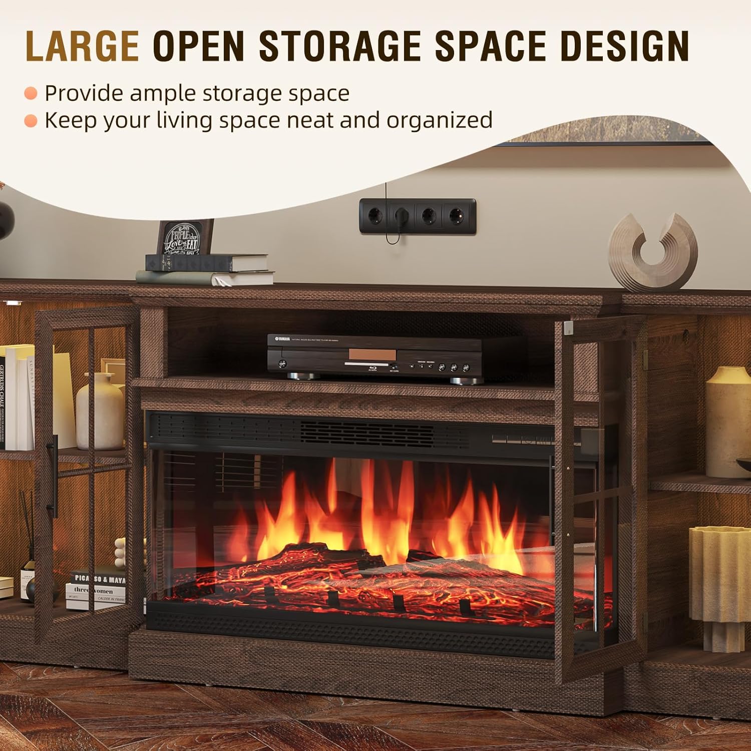 Nordivale 98" Farmhouse Fireplace TV Stand,TV Console with 36" Fireplace for TVs up to 100", Entertainment Center with Adjustable Shelves and Large Storage Cabinets for Living Room, Brown & Black