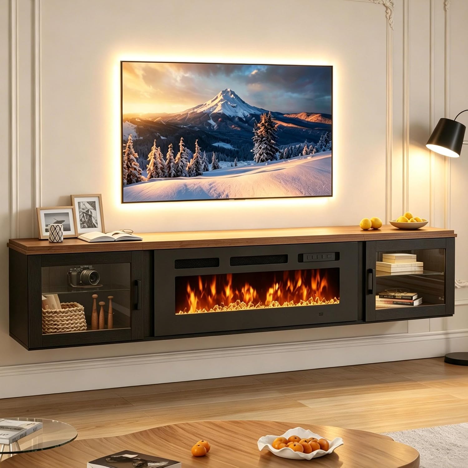 Nordivale 70" Floating TV Stand,Floating Wall Mounted Fireplace Entertainment Center with Storage for TVs Up to 80",Electric Fireplace TV Stand for Living Room,WI-FI Enable,Walnut&Black