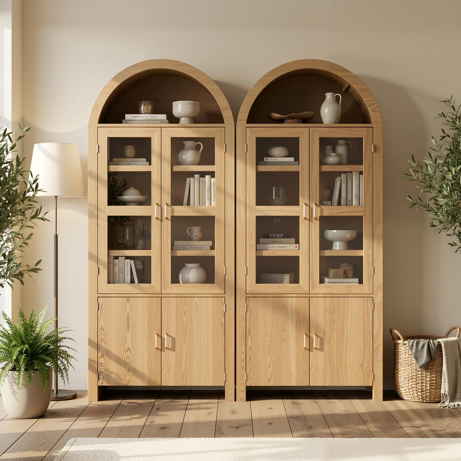 Breezestival 71" Tall Arched Kitchen Pantry Cabinet, Modern Farmhouse Wood Kitchens Storage Cabinets, Cupboard for Dining Room, Kitchen, Bathroom, Natural