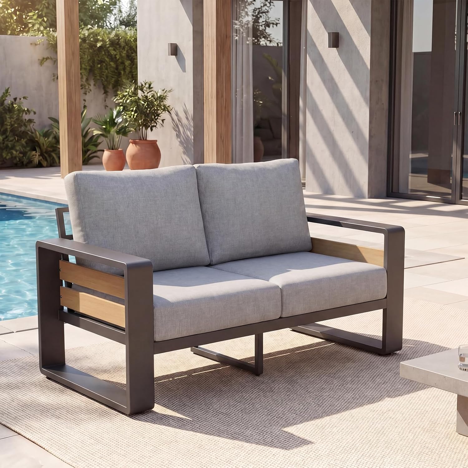 LET'S PATIO Aluminum Patio Furniture Set 7 Seats, Oversized Outdoor Sectional with 5.5" Washable Thick Cushions, Patio Conversation Sets with Coffee Table for Backyard